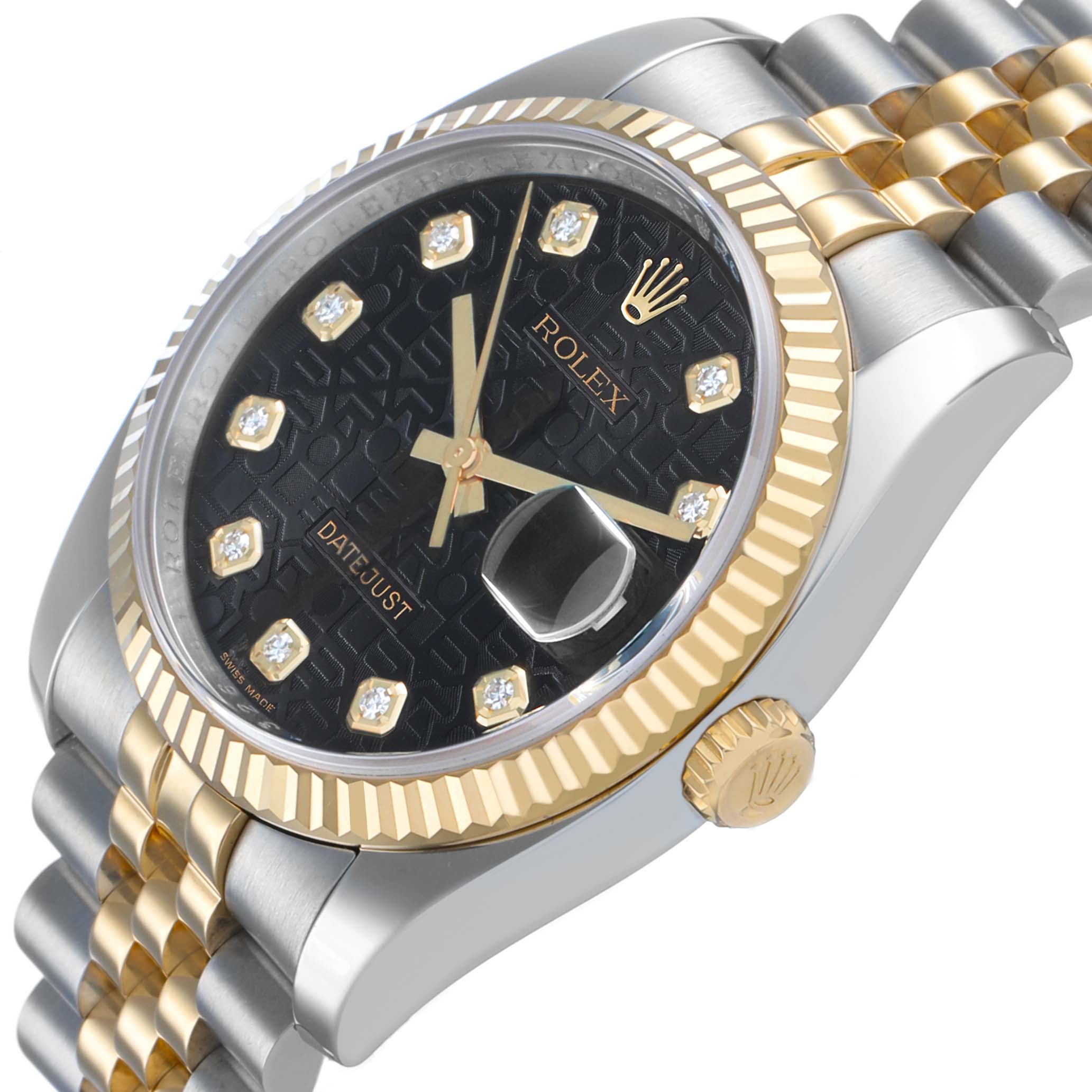 The Rolex Datejust 116233 Men's Steel and Gold (two tone) Black Dial watch is shown at a slight side angle, highlighting its gold fluted bezel, black diamond dial, and jubilee bracelet.
