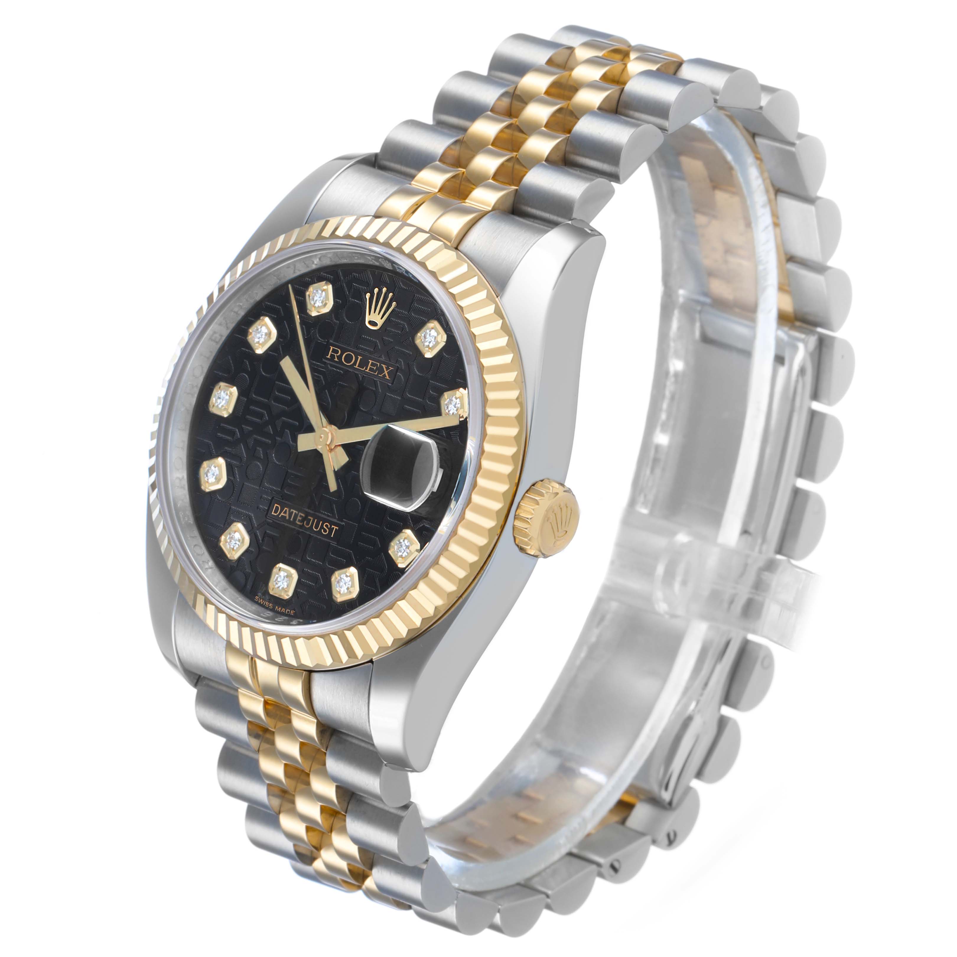 The Rolex Datejust 116233 Men's Steel and Gold (two tone) Black Dial watch is shown at a slight angle highlighting the bezel, dial, and Jubilee bracelet.