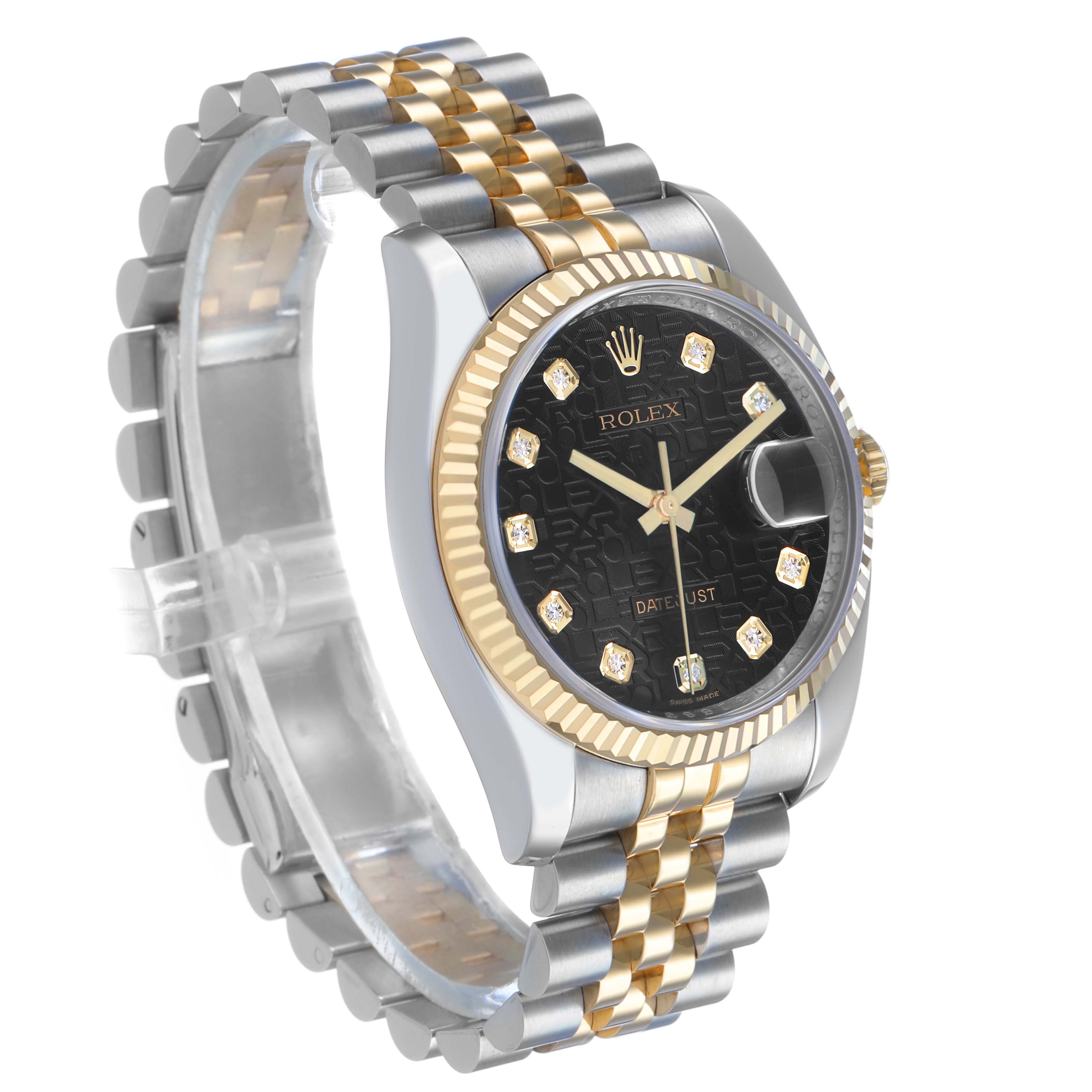 The image shows a Rolex Datejust 116233 Men's Steel and Gold (two tone) Black Dial watch at an angled view, highlighting its two-tone bracelet, fluted bezel, and black dial with diamond hour markers.