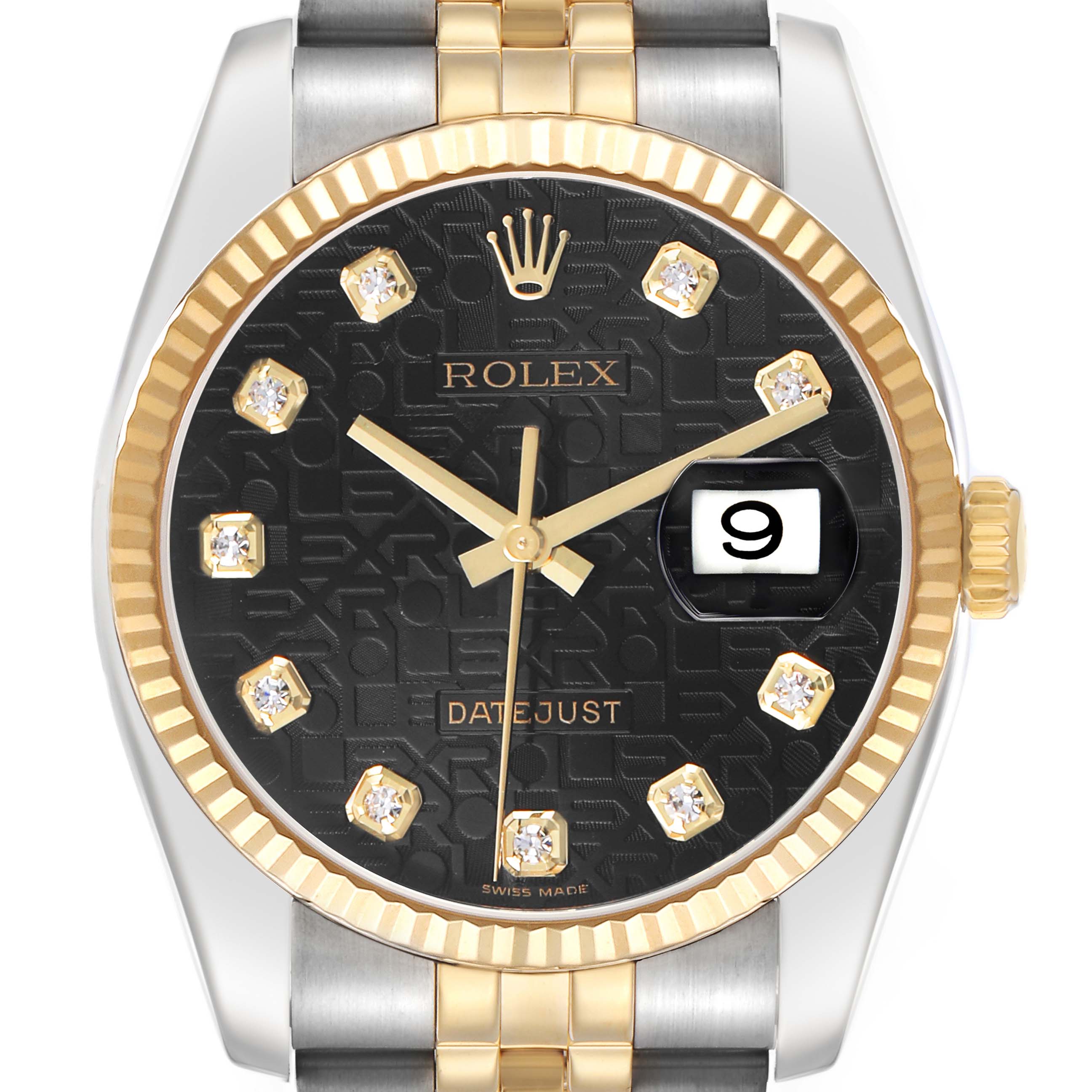 The Rolex Datejust 116233 Men's Steel and Gold (two tone) Black Dial watch is shown from the front, highlighting its black dial, gold markers, and two-tone bracelet.