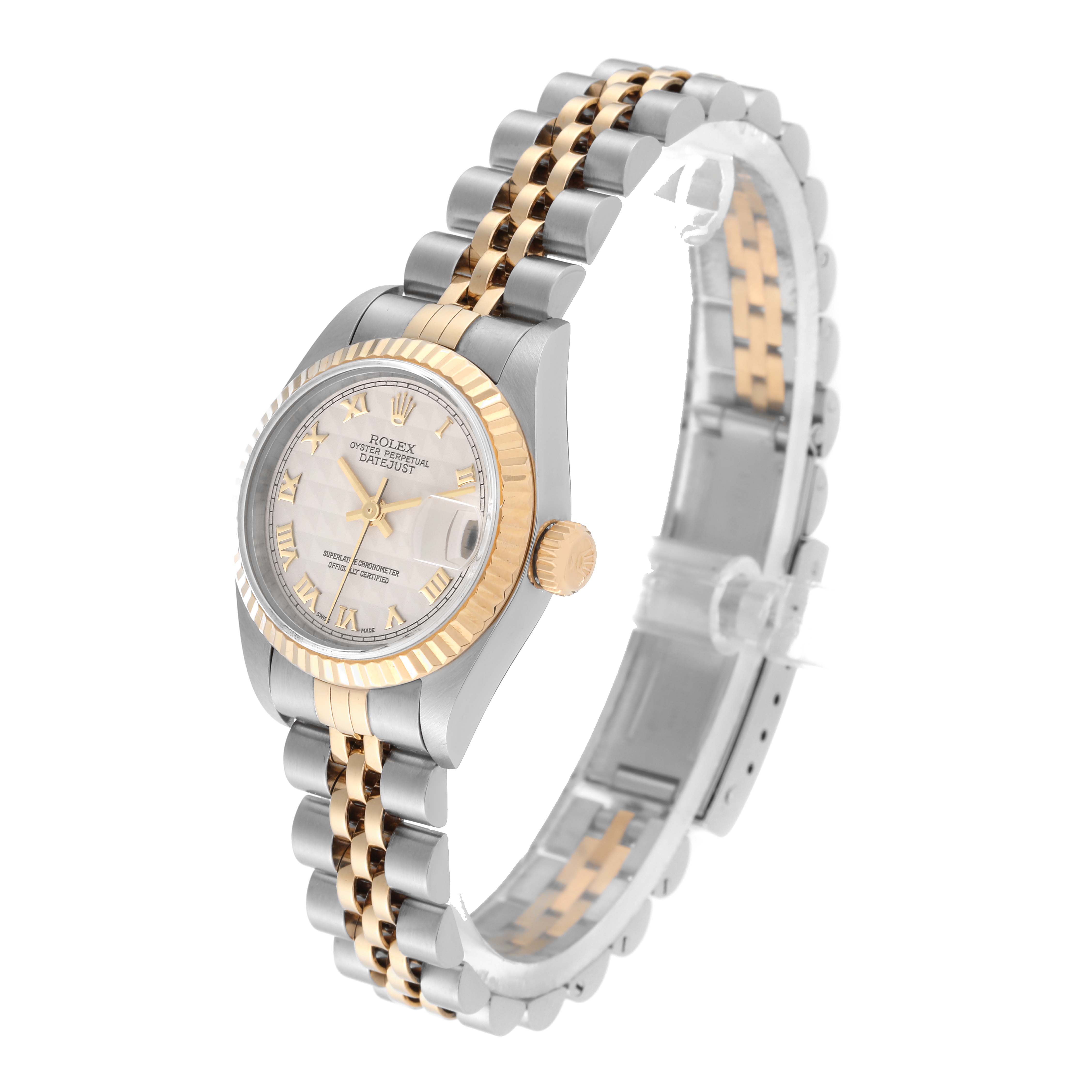 The image shows a Rolex Datejust 79173 Women's Steel and Gold (two tone) Beige Dial 79173 Women's Steel and Gold (two tone) Beige Dial watch from an angle highlighting the dial, crown, and jubilee bracelet with two-tone gold and silver design.