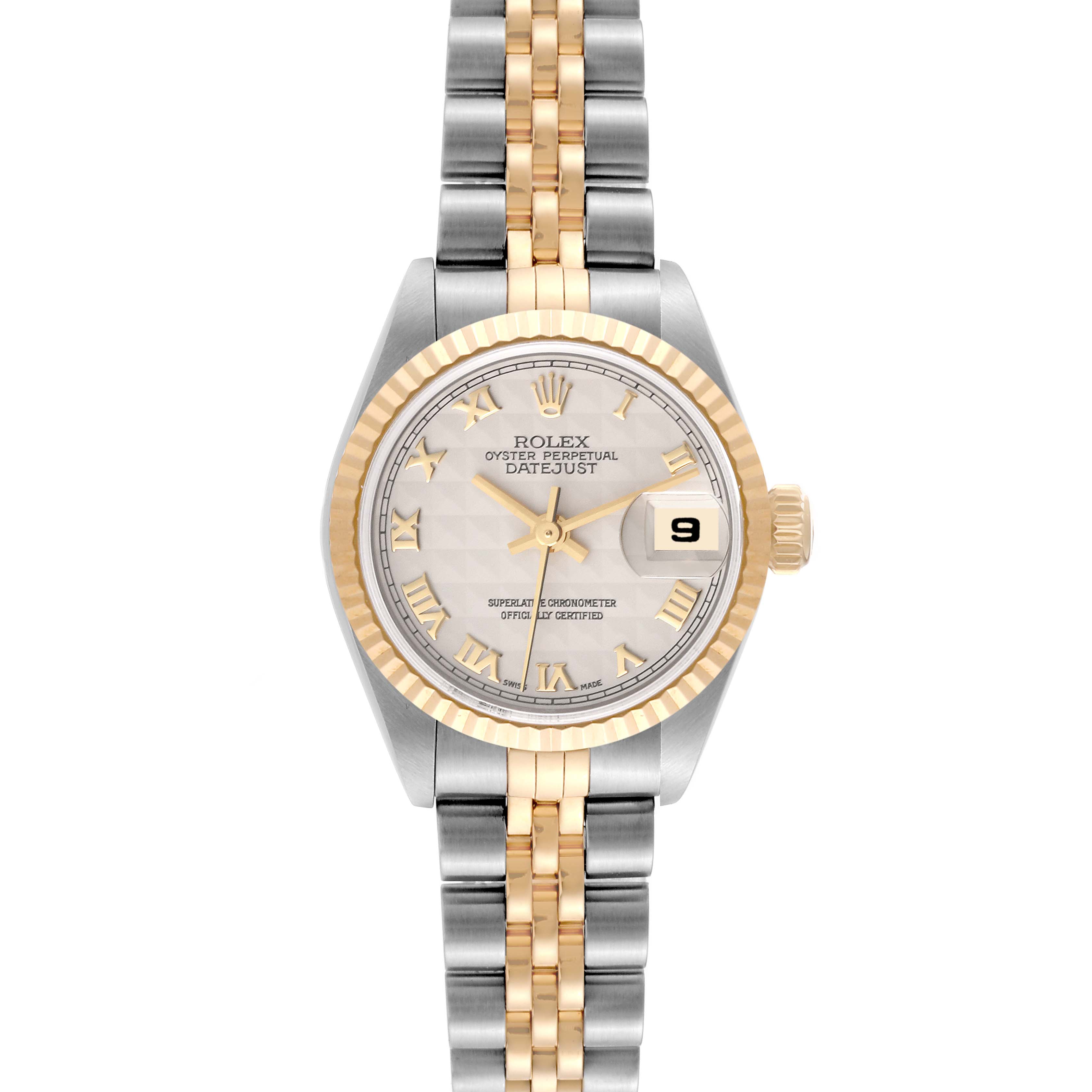 This image shows a front view of a Rolex Datejust 79173 Women's Steel and Gold (two tone) Beige Dial 79173 Women's Steel and Gold (two tone) Beige Dial watch, displaying the dial, bezel, and part of the bracelet.