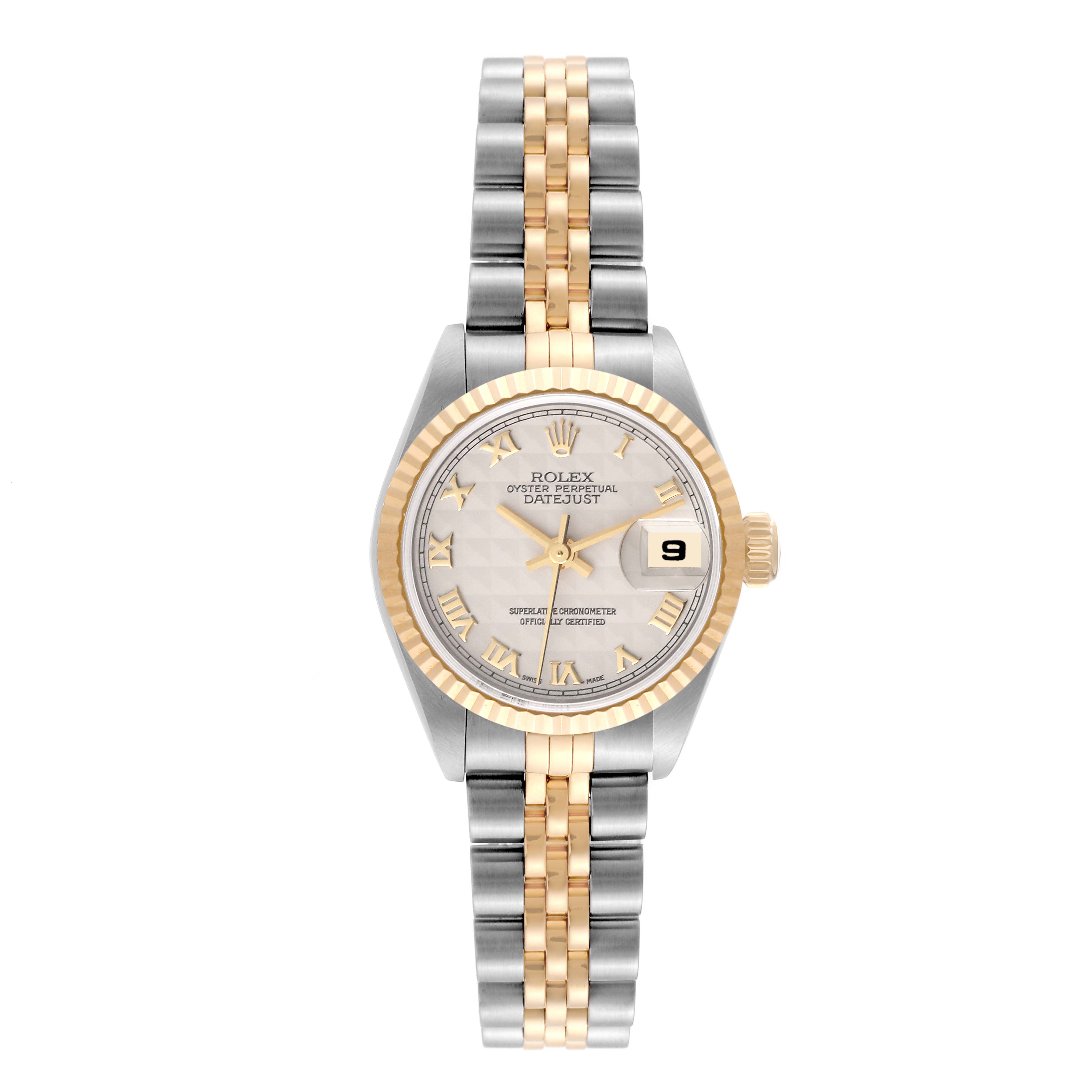 The image shows a frontal view of a Rolex Datejust 79173 Women's Steel and Gold (two tone) Beige Dial 79173 Women's Steel and Gold (two tone) Beige Dial watch, highlighting its dial, bezel, and two-tone bracelet.