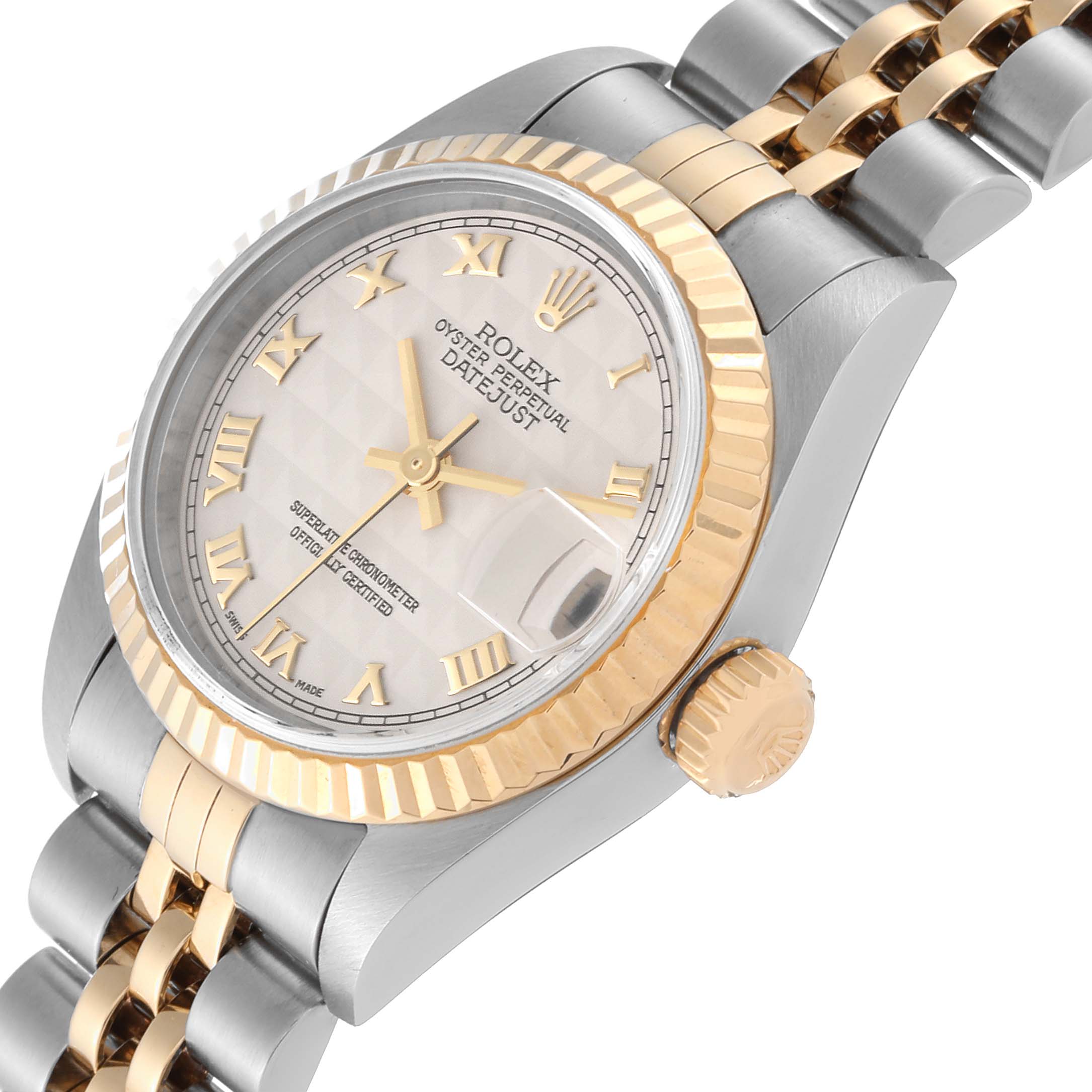 The image shows a close-up of the Rolex Datejust 79173 Women's Steel and Gold (two tone) Beige Dial 79173 Women's Steel and Gold (two tone) Beige Dial watch's face, bezel, and part of the bracelet from a slightly angled top view.