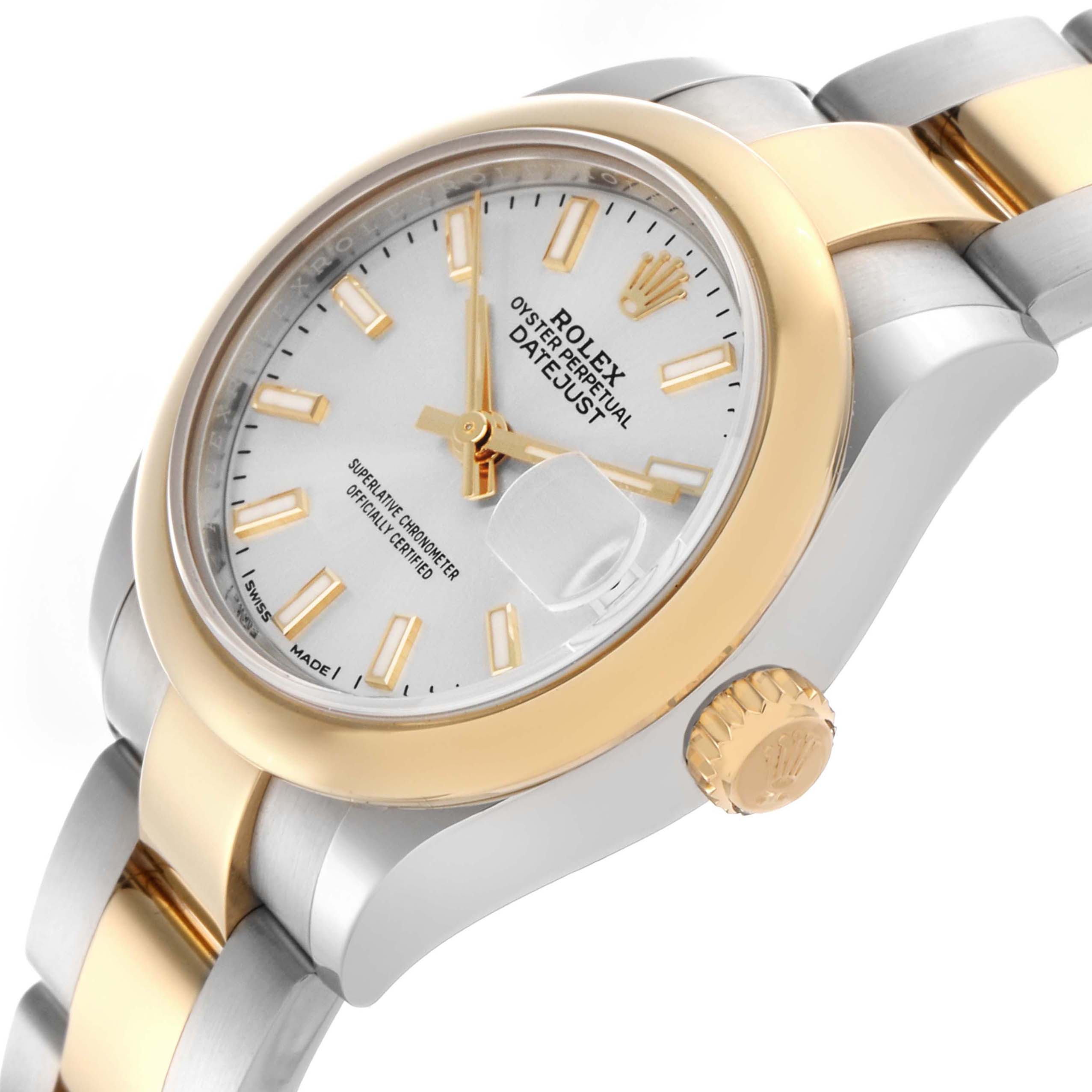 The Rolex Datejust 279163 Women's Steel and Gold (two tone) Silver Dial 279163 Women's Steel and Gold (two tone) Silver Dial watch is shown at a side angle, highlighting the bezel, crown, bracelet, and dial with date complication.