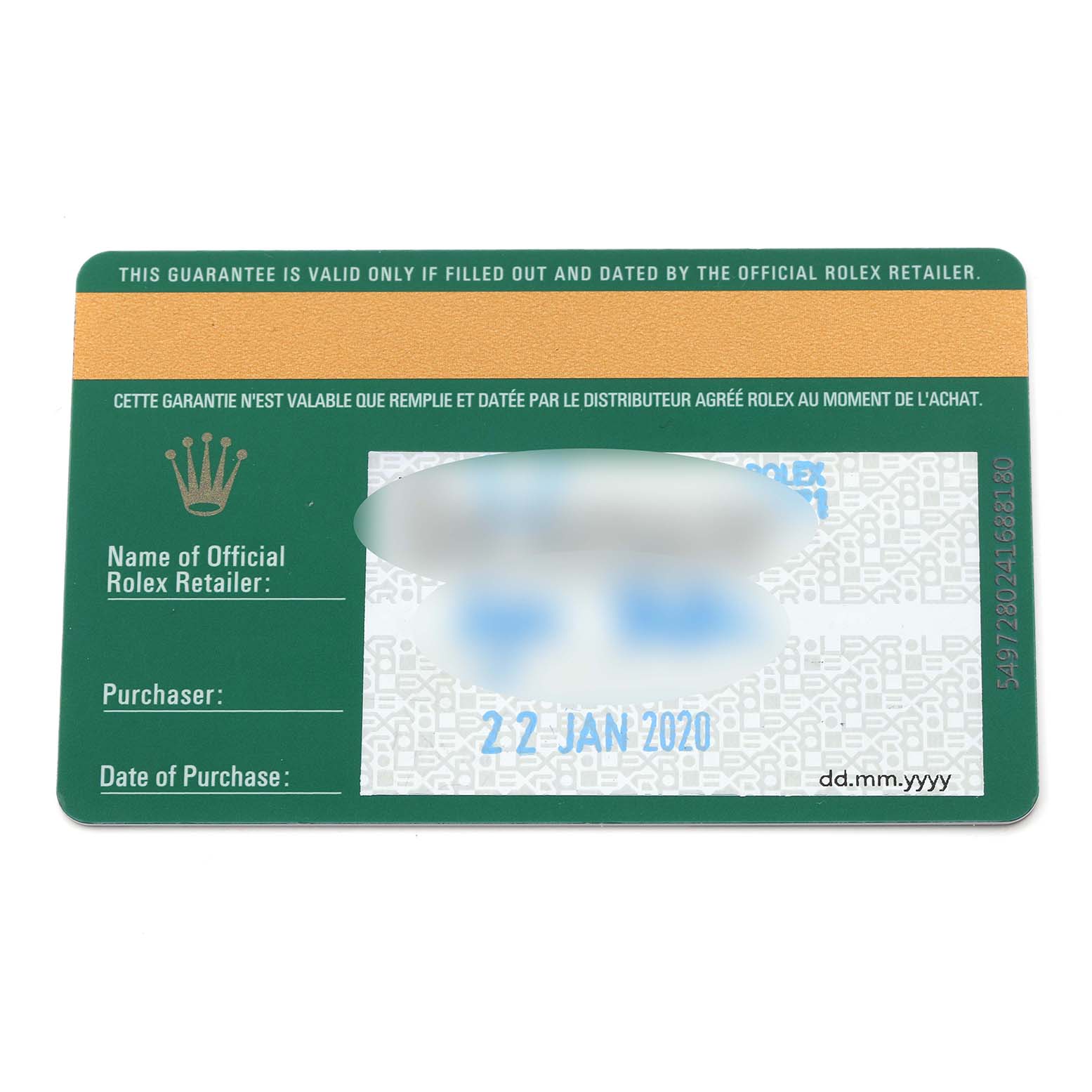 The image shows a warranty card for a Rolex Datejust 279163 Women's Steel and Gold (two tone) Silver Dial 279163 Women's Steel and Gold (two tone) Silver Dial, displaying purchase details and retailer information.