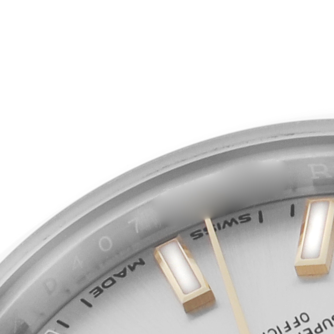 The image shows a close-up of the dial edge, markers, and text on a Rolex Datejust 279163 Women's Steel and Gold (two tone) Silver Dial 279163 Women's Steel and Gold (two tone) Silver Dial watch.