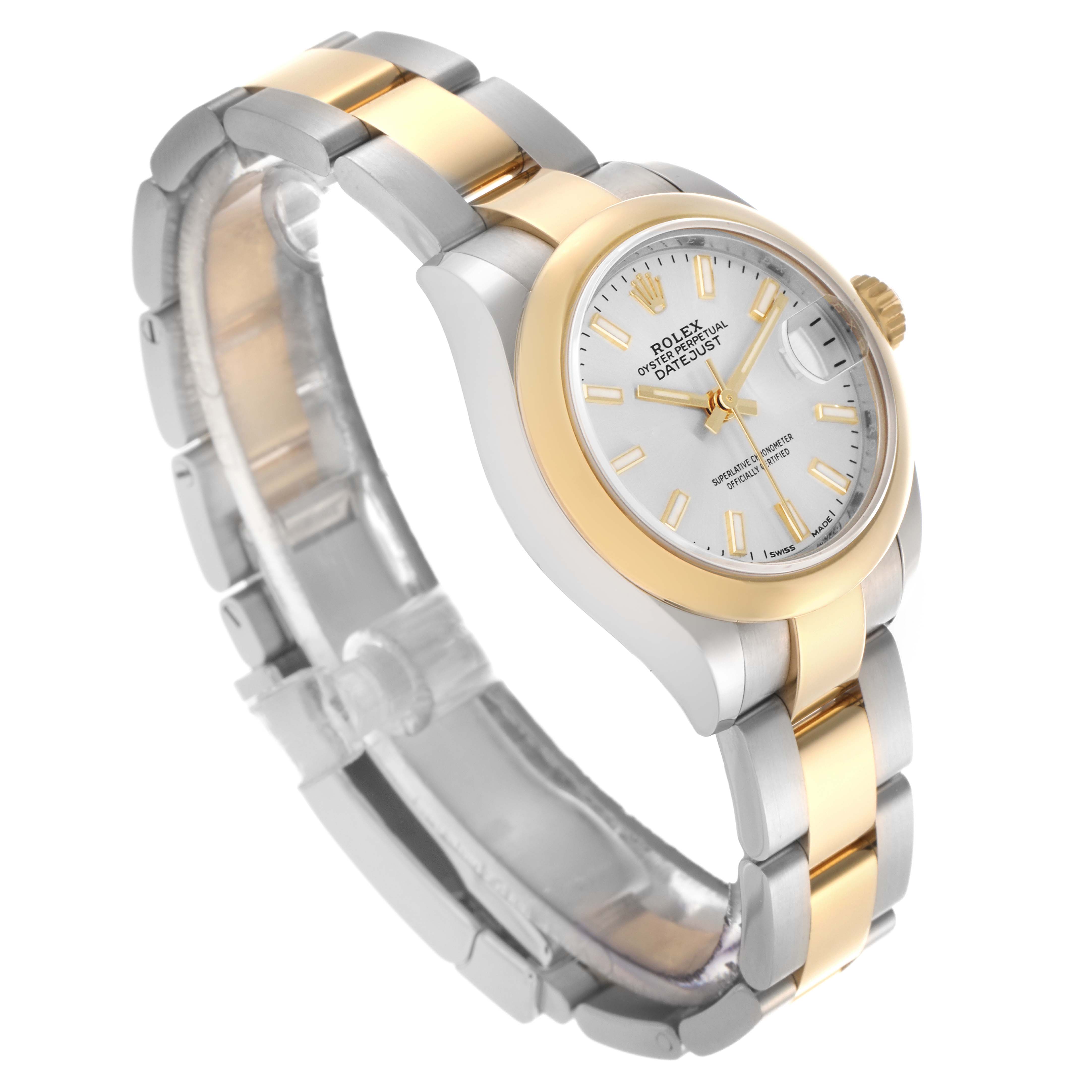 The Rolex Datejust 279163 Women's Steel and Gold (two tone) Silver Dial 279163 Women's Steel and Gold (two tone) Silver Dial watch is shown at an angled side view, displaying its two-tone bracelet, bezel, and face with date feature.