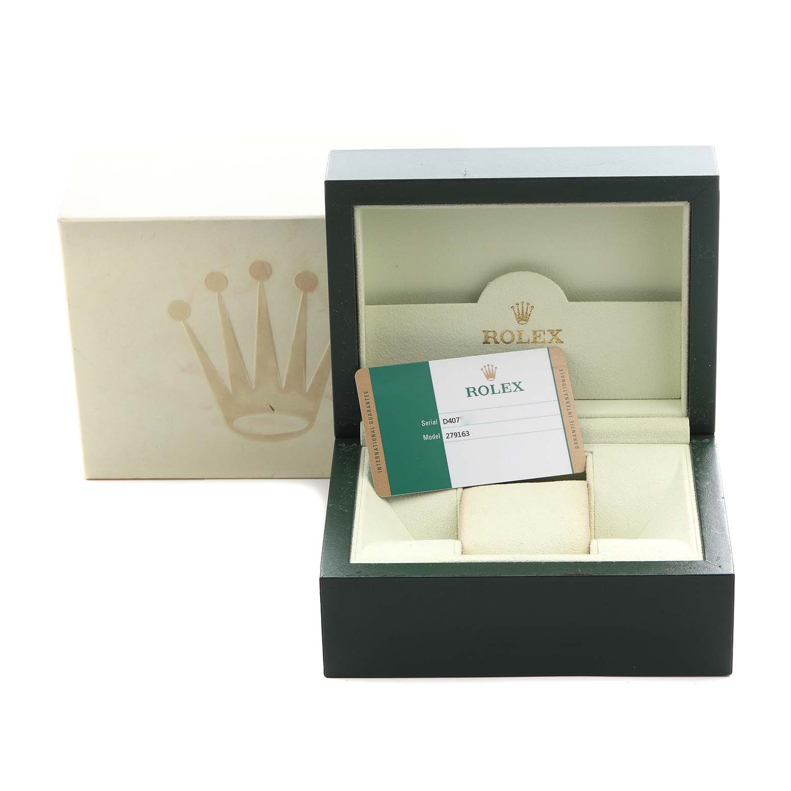 The image shows a Rolex Datejust 279163 Women's Steel and Gold (two tone) Silver Dial 279163 Women's Steel and Gold (two tone) Silver Dial box and warranty card placed inside, viewed from the front angle.