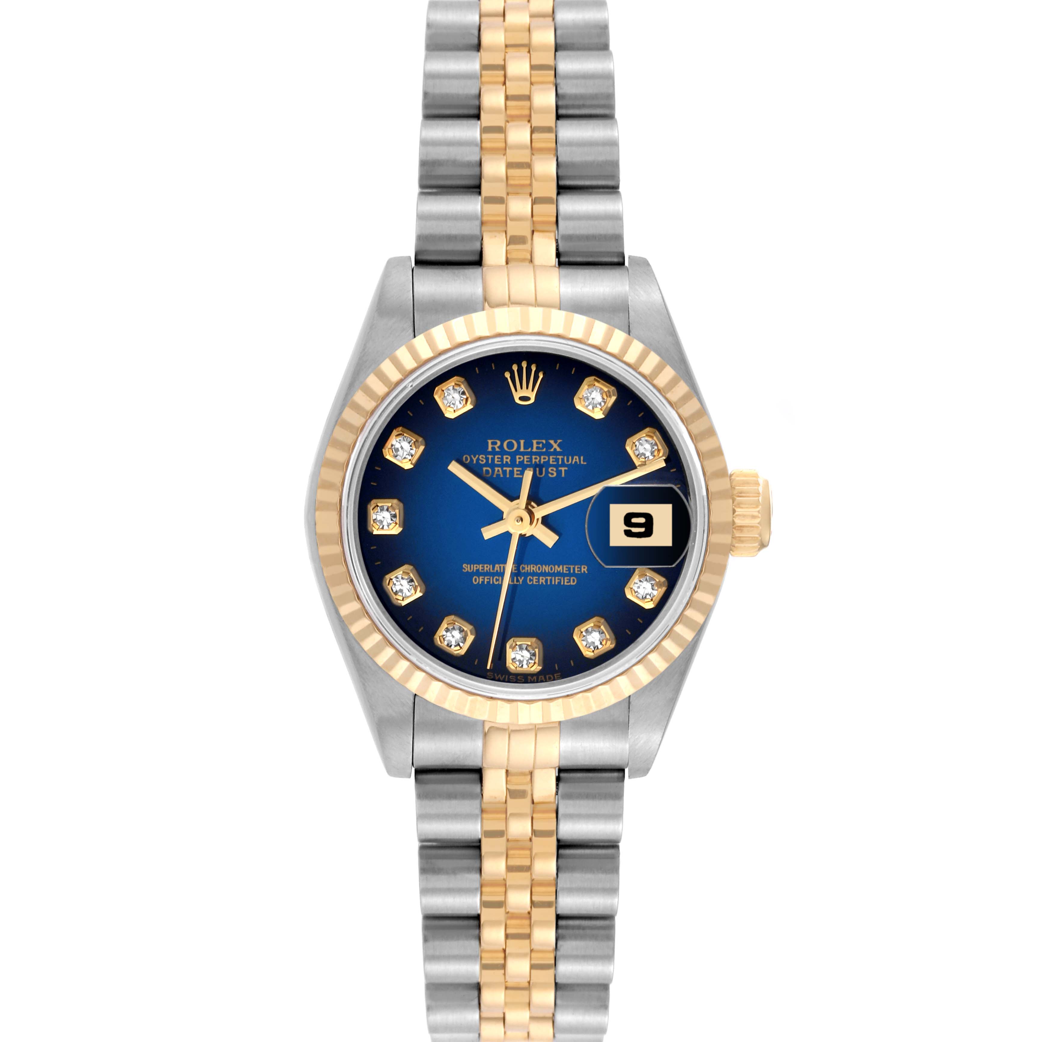 This image shows the face and bracelet of the Rolex Datejust 69173 Women's Steel and Gold (two tone) Blue Dial 69173 Women's Steel and Gold (two tone) Blue Dial watch, featuring a blue dial and diamond hour markers.