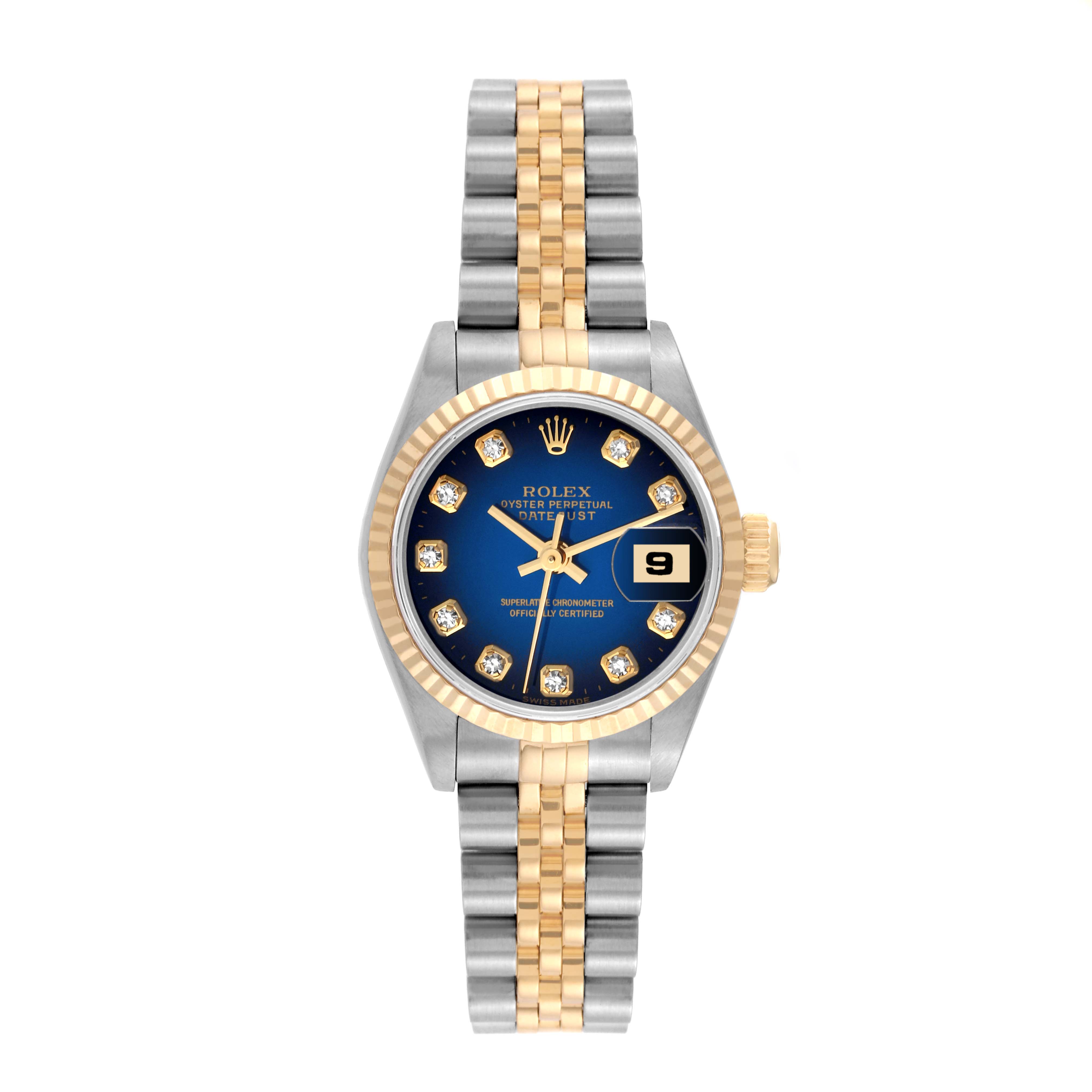 The Rolex Datejust 69173 Women's Steel and Gold (two tone) Blue Dial 69173 Women's Steel and Gold (two tone) Blue Dial watch is shown from a front angle, highlighting the dial, fluted bezel, and Jubilee bracelet.