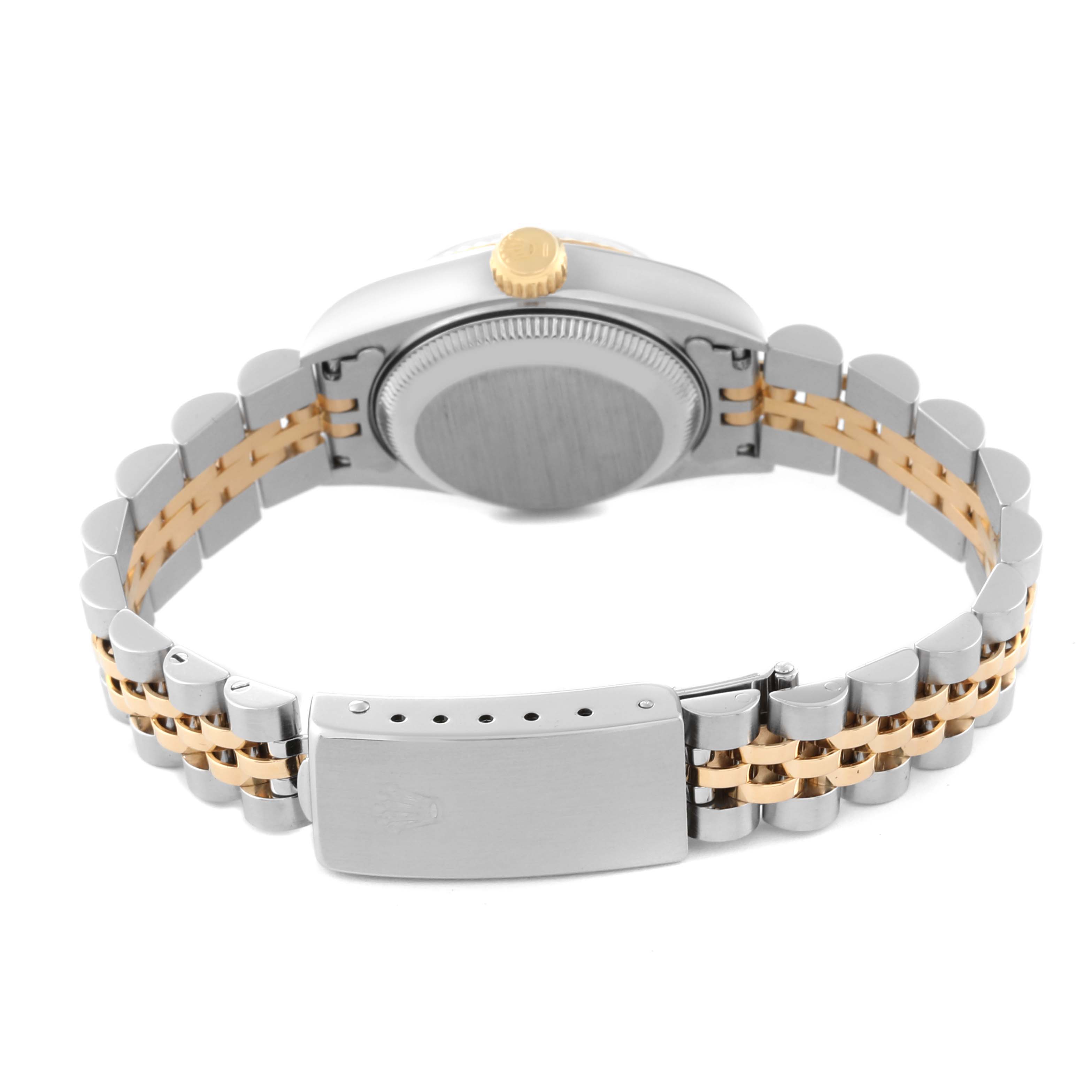 The image shows the back view of the Rolex Datejust 69173 Women's Steel and Gold (two tone) Blue Dial 69173 Women's Steel and Gold (two tone) Blue Dial watch, displaying the caseback and two-tone bracelet.