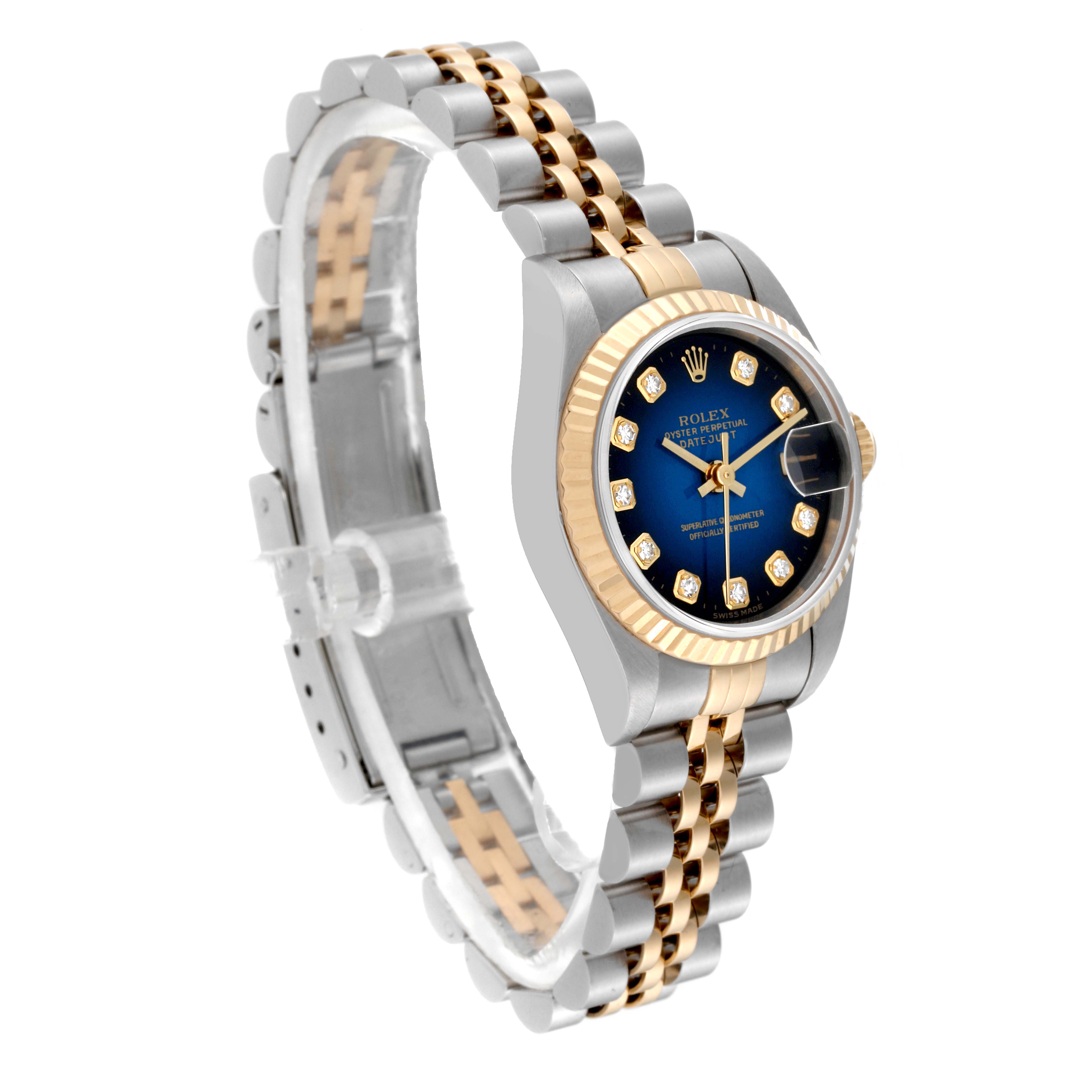 The image shows the Rolex Datejust 69173 Women's Steel and Gold (two tone) Blue Dial 69173 Women's Steel and Gold (two tone) Blue Dial watch at a three-quarter angle, highlighting the blue dial, diamond markers, and two-tone bracelet.