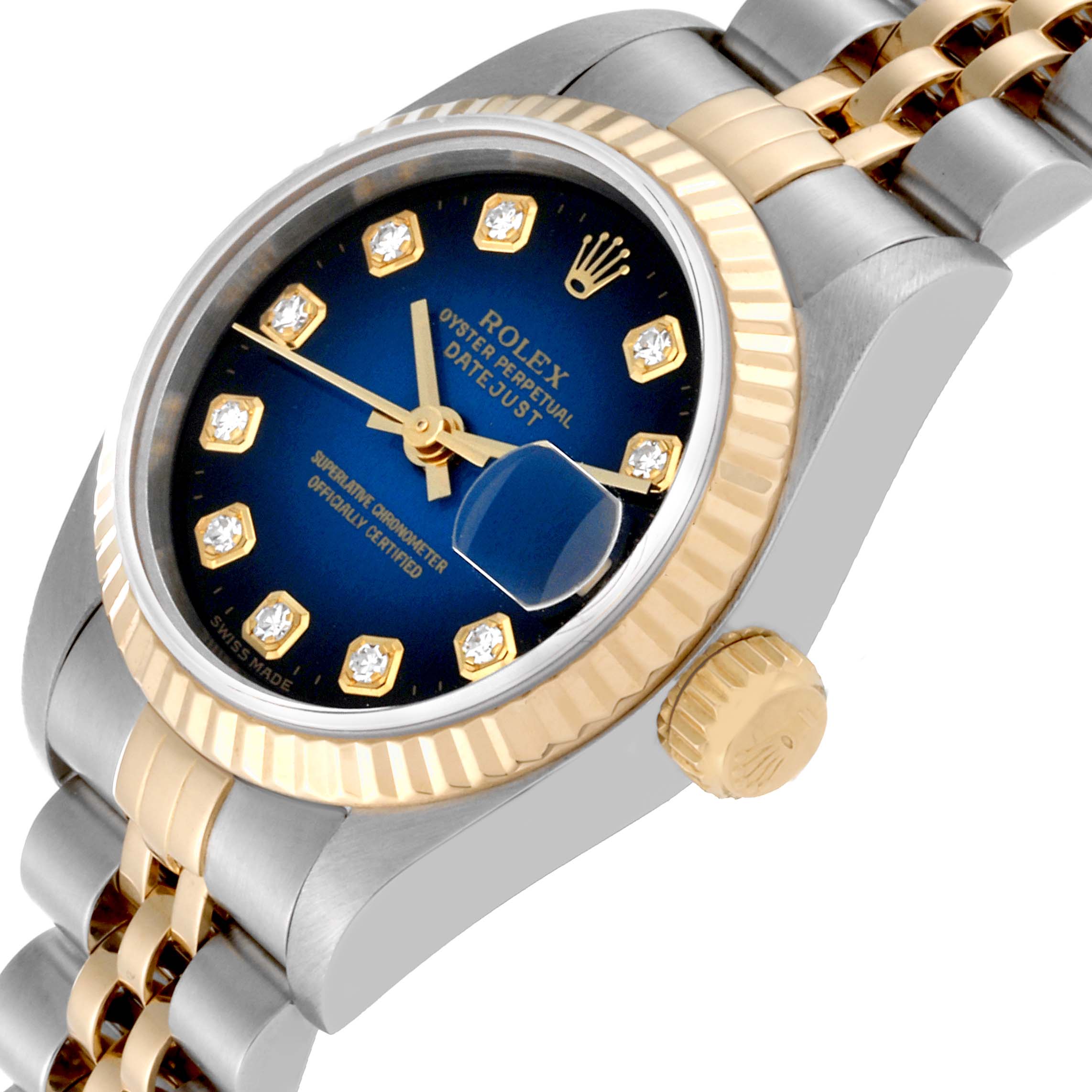 The image shows a Rolex Datejust 69173 Women's Steel and Gold (two tone) Blue Dial 69173 Women's Steel and Gold (two tone) Blue Dial watch at an angled side view, highlighting the bezel, crown, dial, and bracelet.