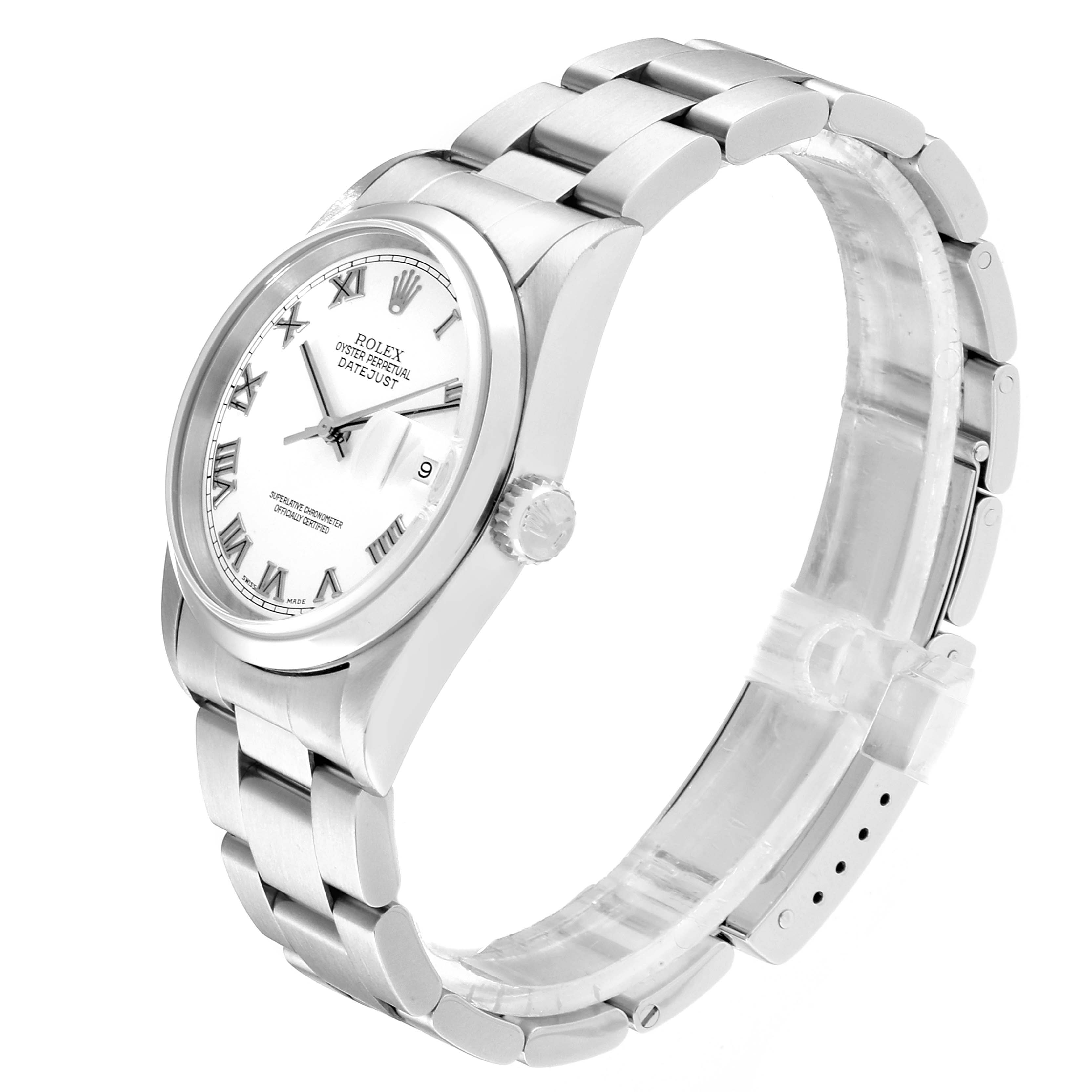 The image shows a side angle of a Rolex Datejust 16200 Men's Stainless Steel White Dial 16200 Men's Stainless Steel White Dial watch featuring the dial, bezel, crown, and bracelet.
