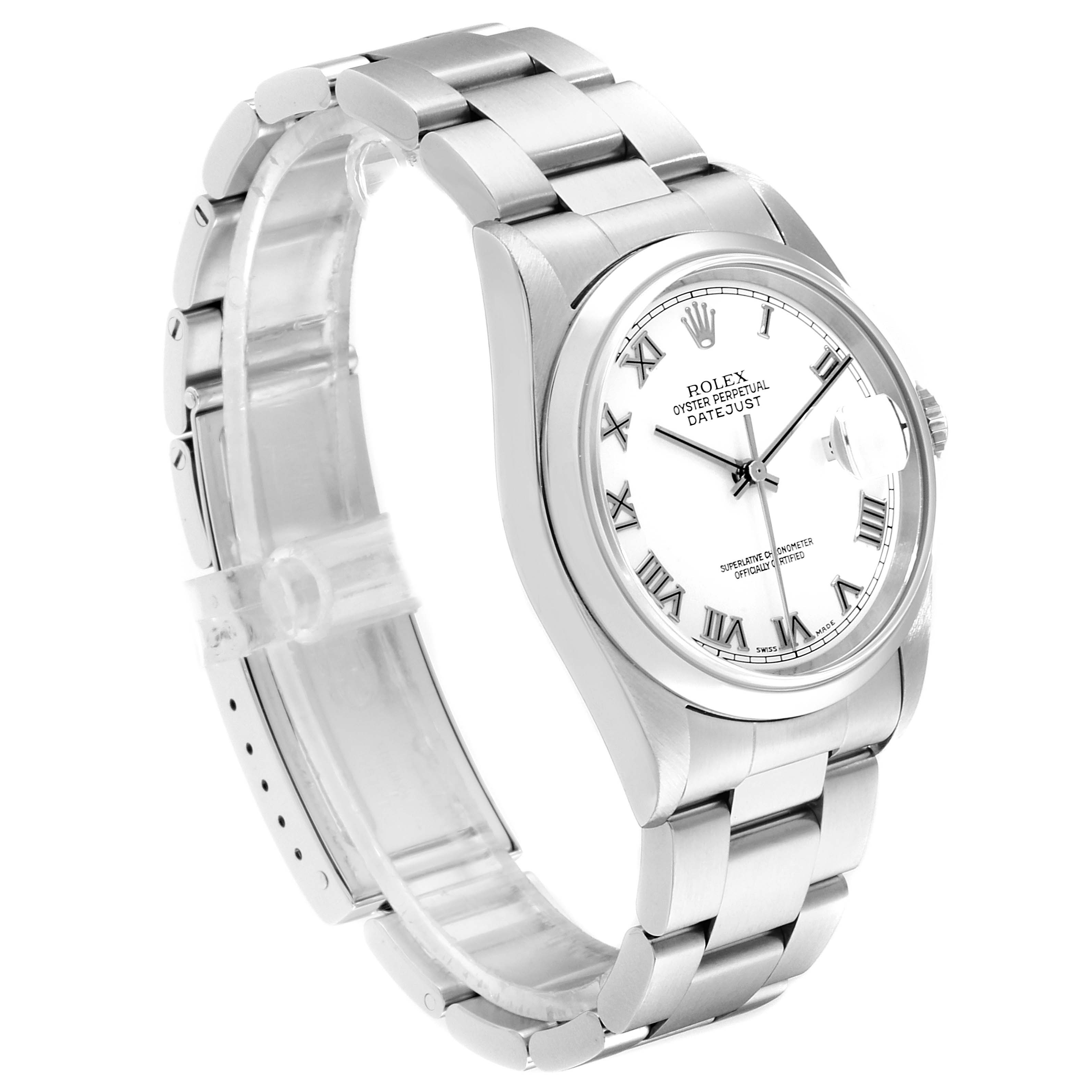 The image shows a side angle of a Rolex Datejust 16200 Men's Stainless Steel White Dial 16200 Men's Stainless Steel White Dial watch, highlighting the bracelet, case, dial, and crown.