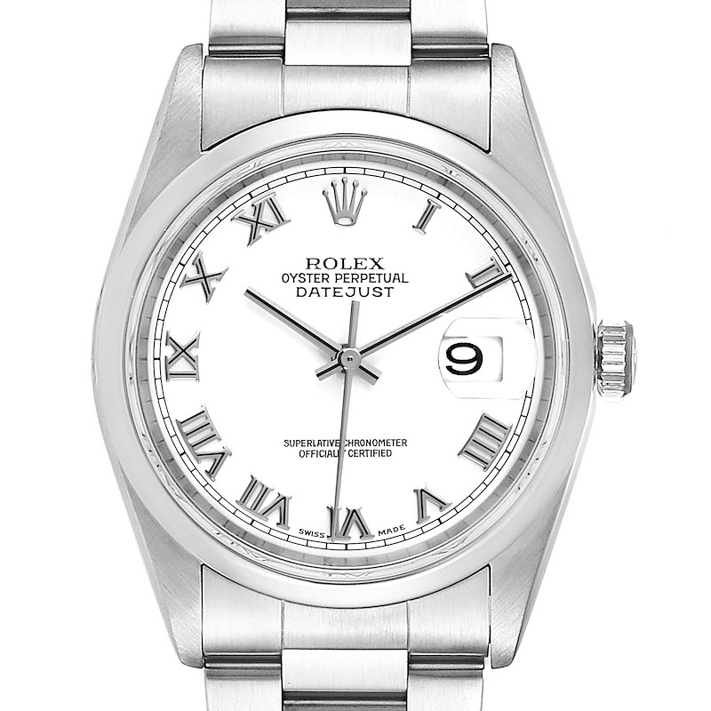 The image shows a front view of a Rolex Datejust watch, highlighting the dial, Roman numerals, and the date window.