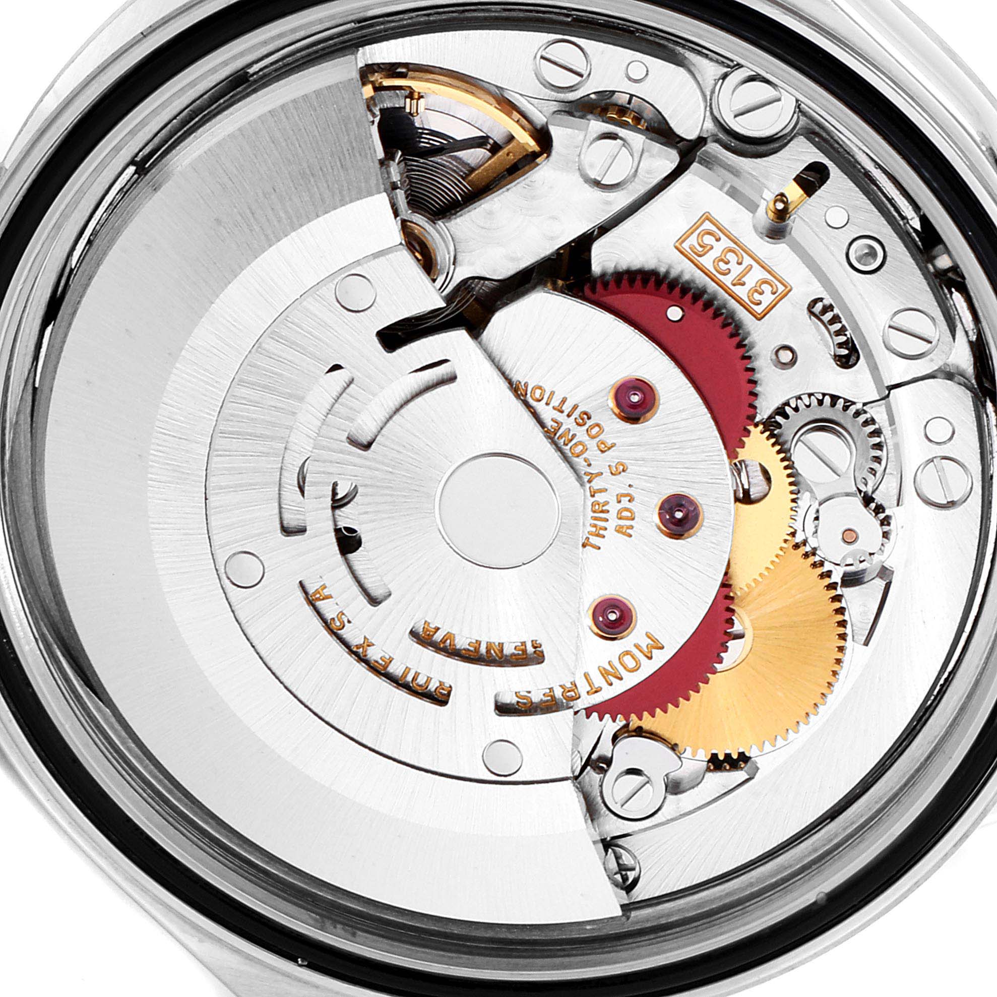 The image shows the mechanical movement of the Rolex Datejust 16200 Men's Stainless Steel White Dial 16200 Men's Stainless Steel White Dial watch, highlighting gears and components from the back.