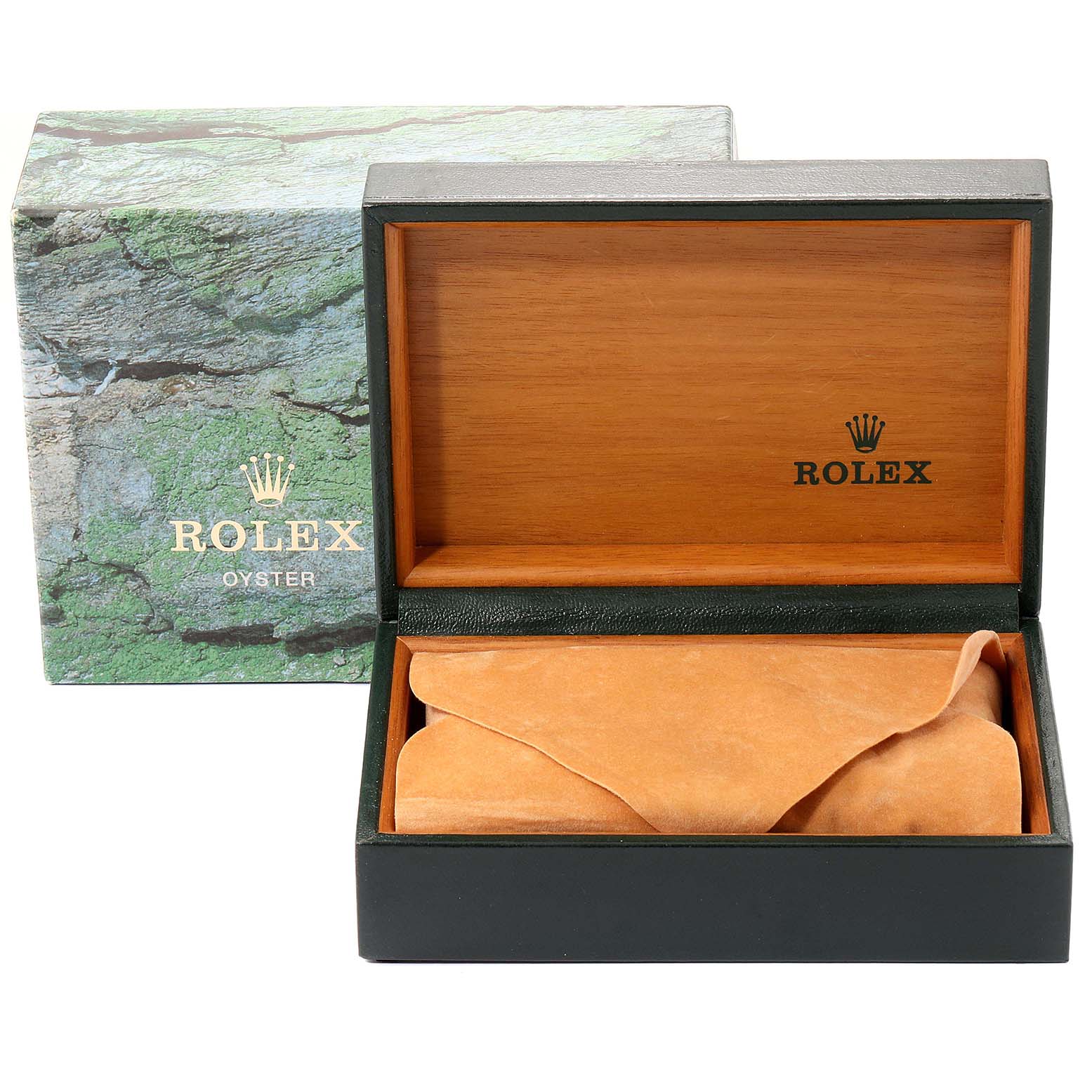 The image shows an open wooden Rolex box for a Datejust model watch, along with the exterior packaging.