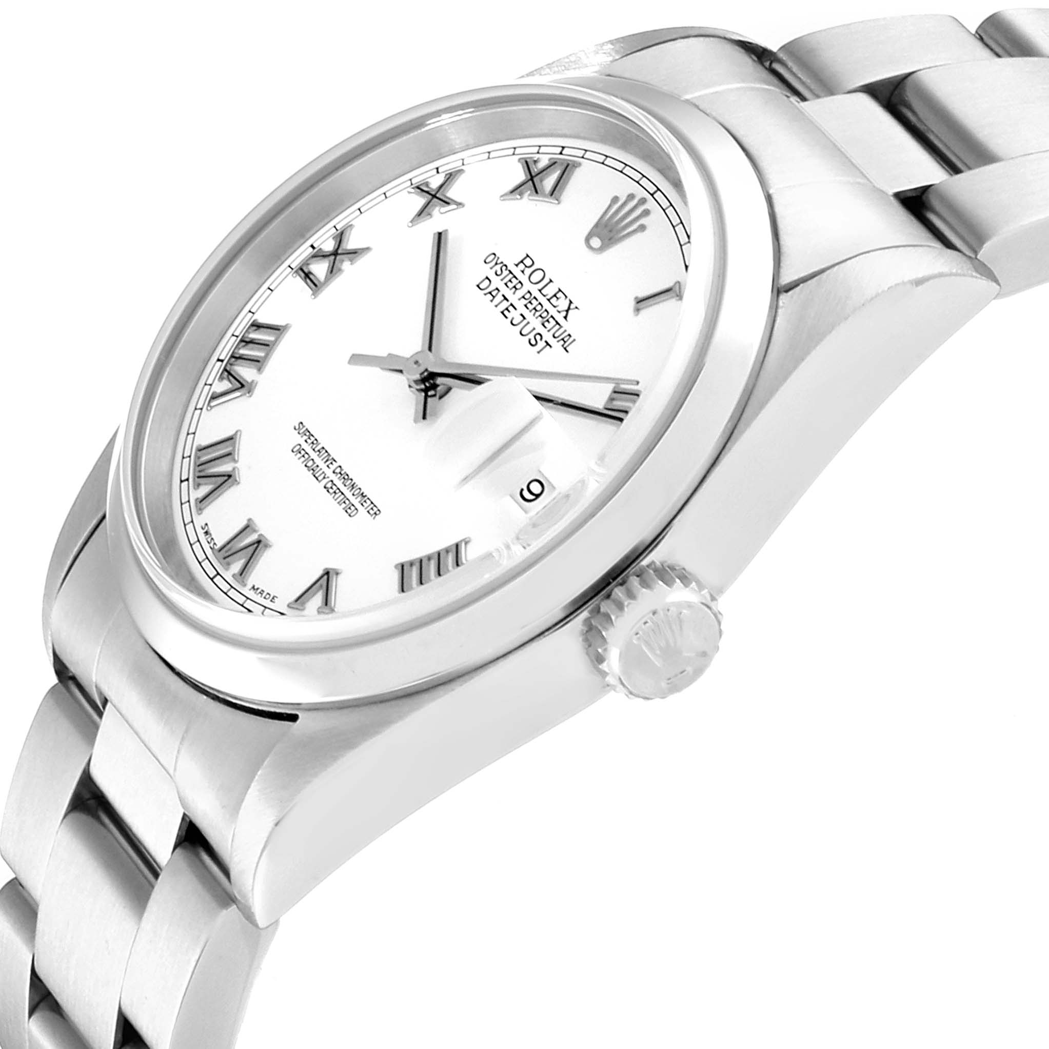 This image shows a side angle of the Rolex Datejust 16200 Men's Stainless Steel White Dial 16200 Men's Stainless Steel White Dial watch, highlighting the crown, bracelet, and white dial with Roman numeral markers.