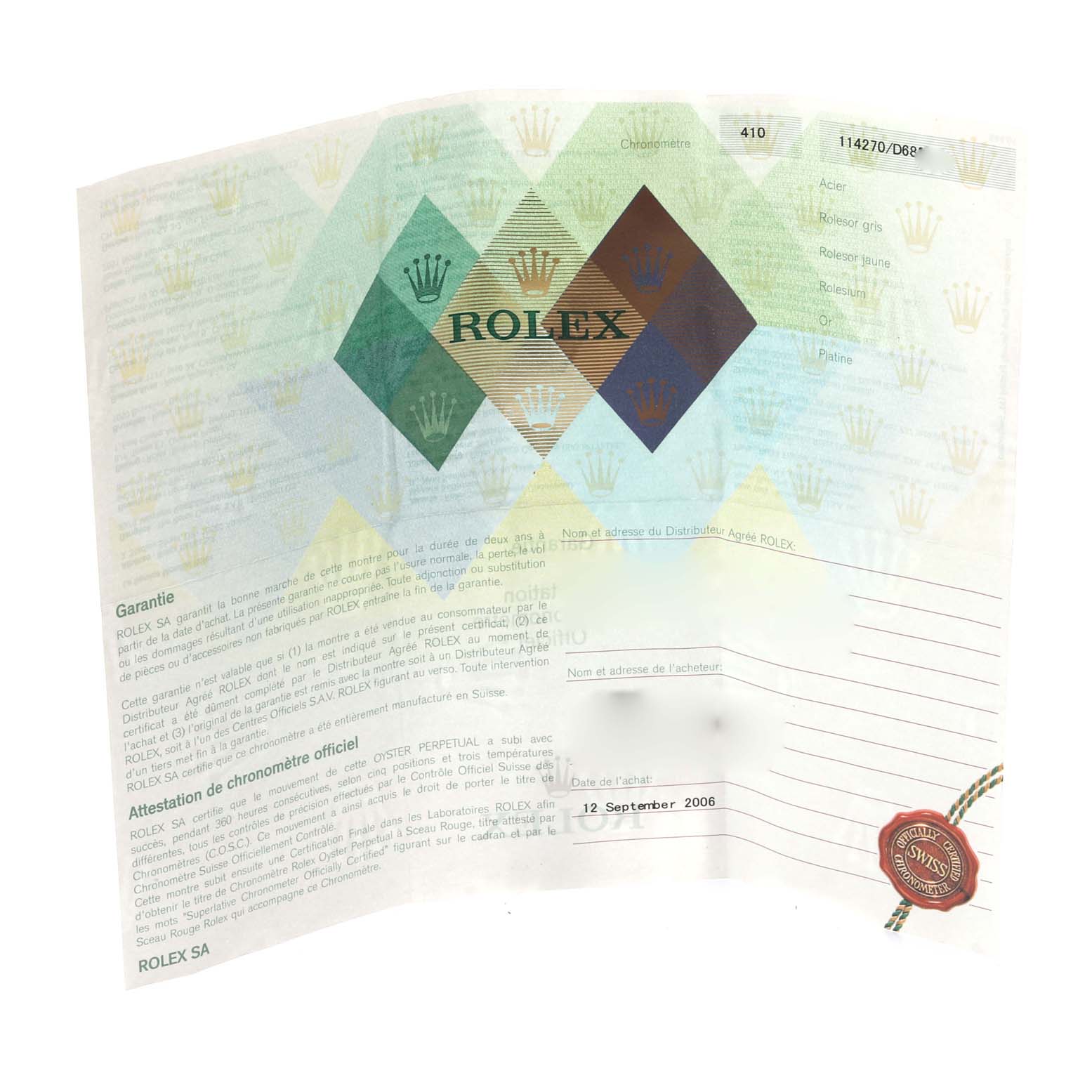 The image shows a Rolex certificate and warranty card for the Explorer model, dated 12 September 2006.