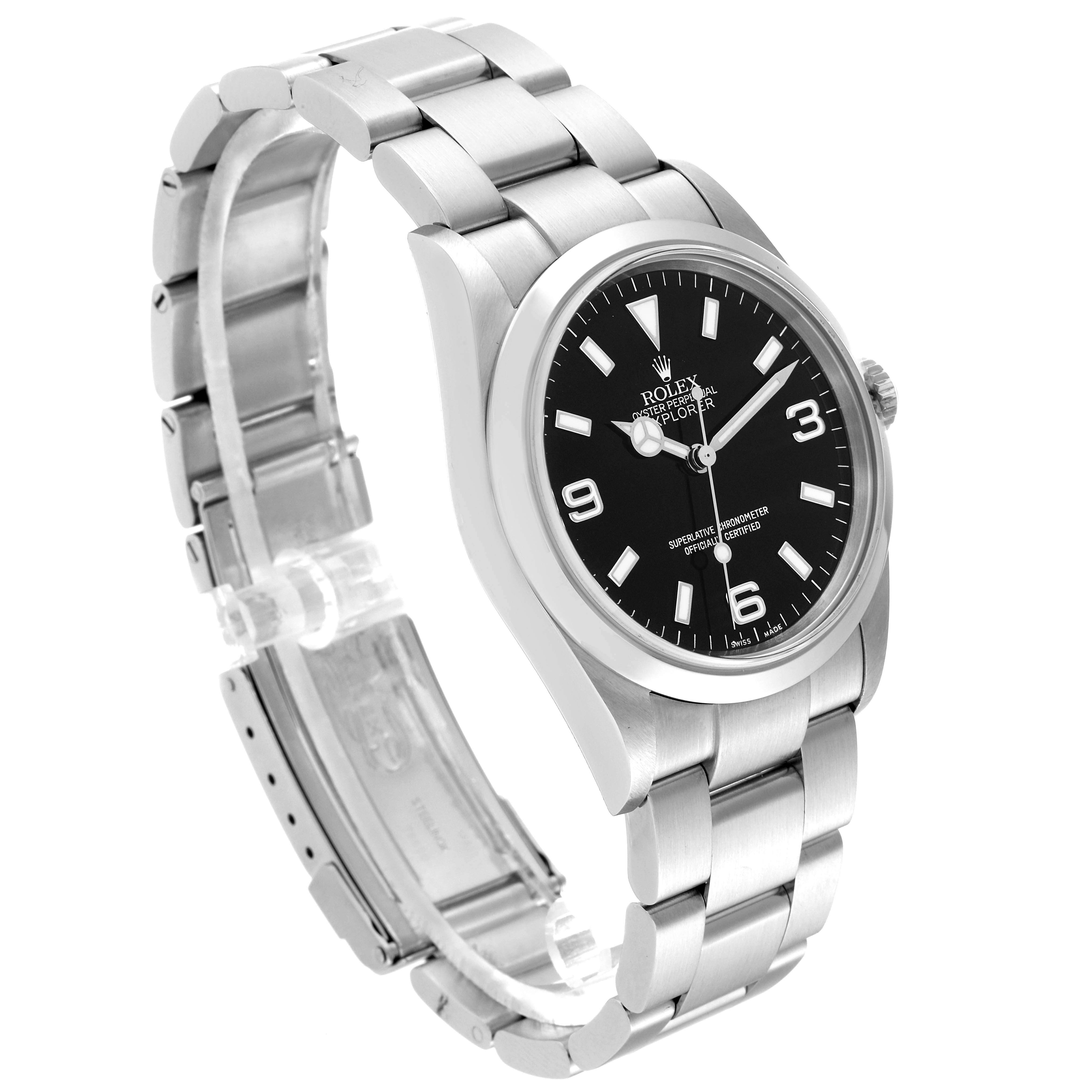 The image shows a Rolex Explorer 114270 Men
s Stainless Steel Black Dial 114270 Men
s Stainless Steel Black Dial watch from an angled side view, revealing its black dial, hands, markers, and stainless steel bracelet.