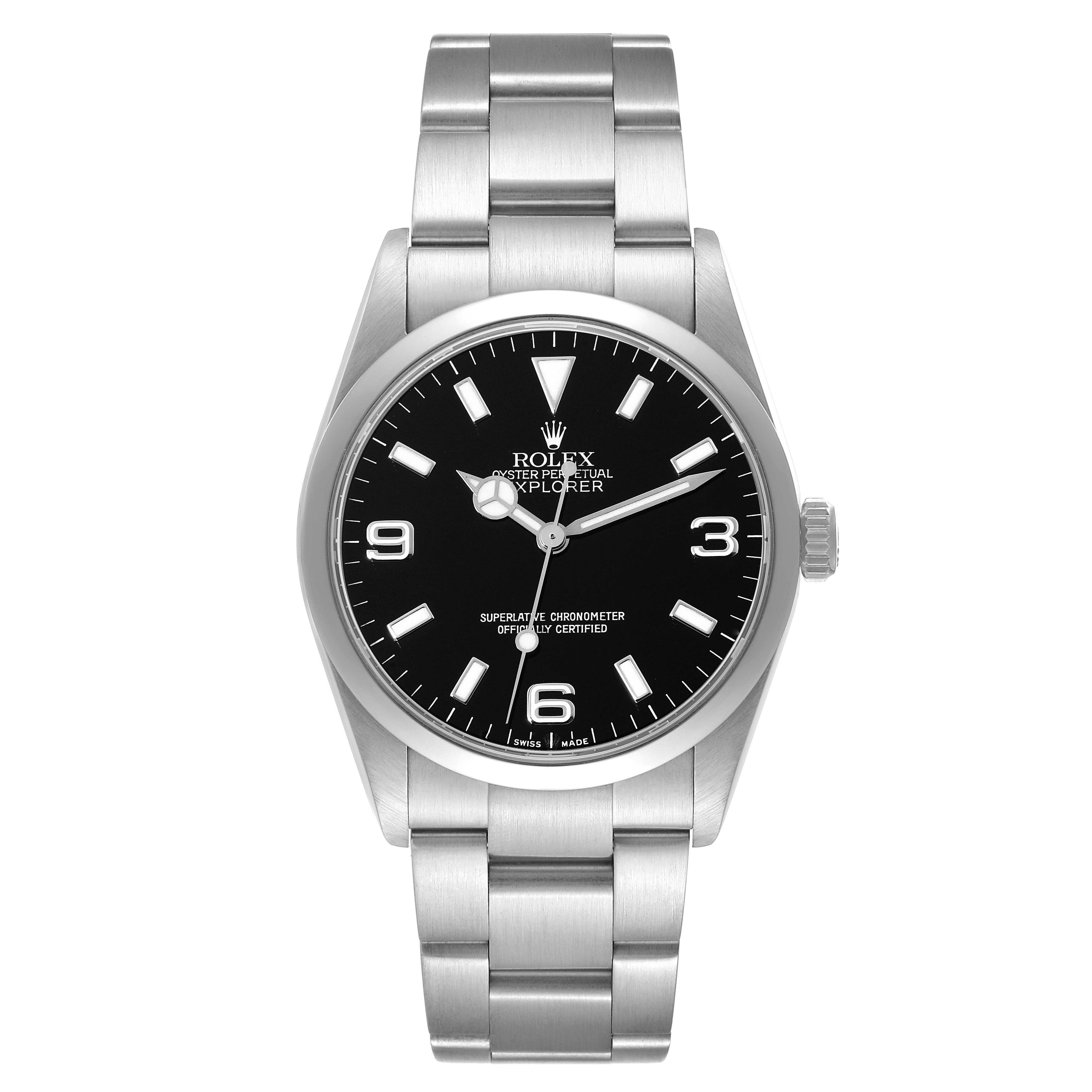 This image displays a front view of the Rolex Explorer 114270 Men
s Stainless Steel Black Dial 114270 Men
s Stainless Steel Black Dial watch, showing its dial, hands, bracelet, and crown.