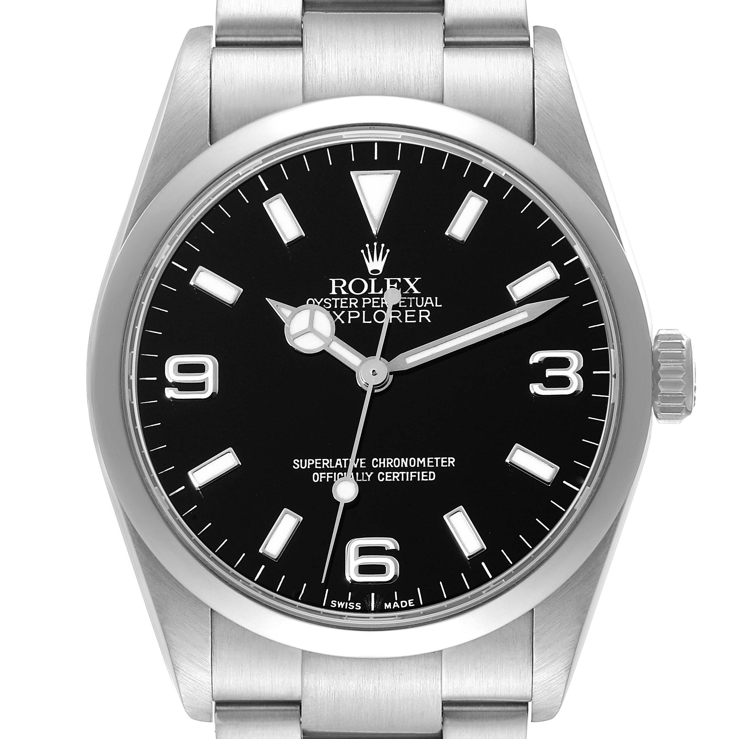 The image shows a front view of the Rolex Explorer 114270 Men
s Stainless Steel Black Dial 114270 Men
s Stainless Steel Black Dial watch, highlighting the dial, hands, hour markers, and part of the bracelet.