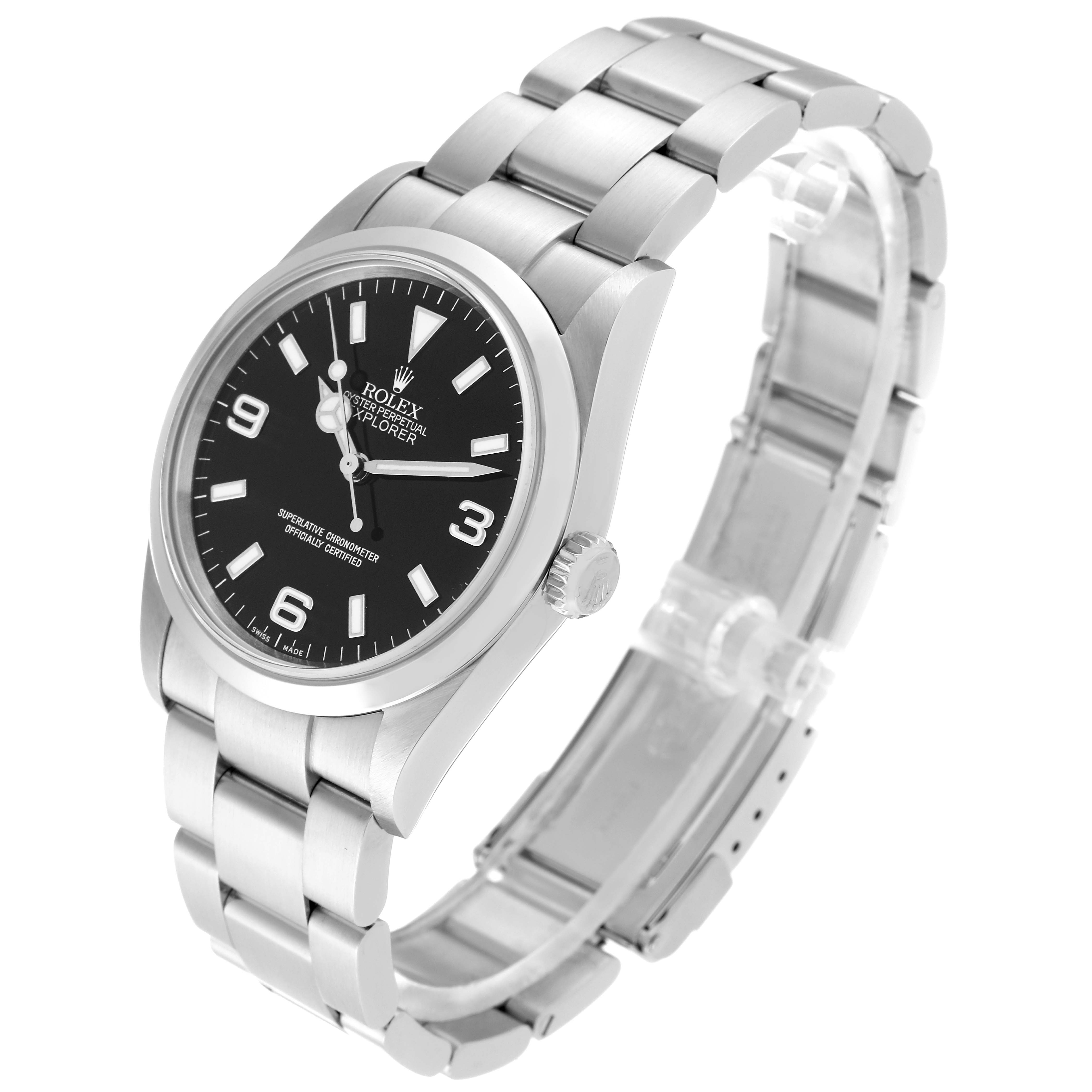 The Rolex Explorer 114270 Men
s Stainless Steel Black Dial 114270 Men
s Stainless Steel Black Dial watch is shown at a slight angle, displaying its face, bezel, crown, and bracelet.