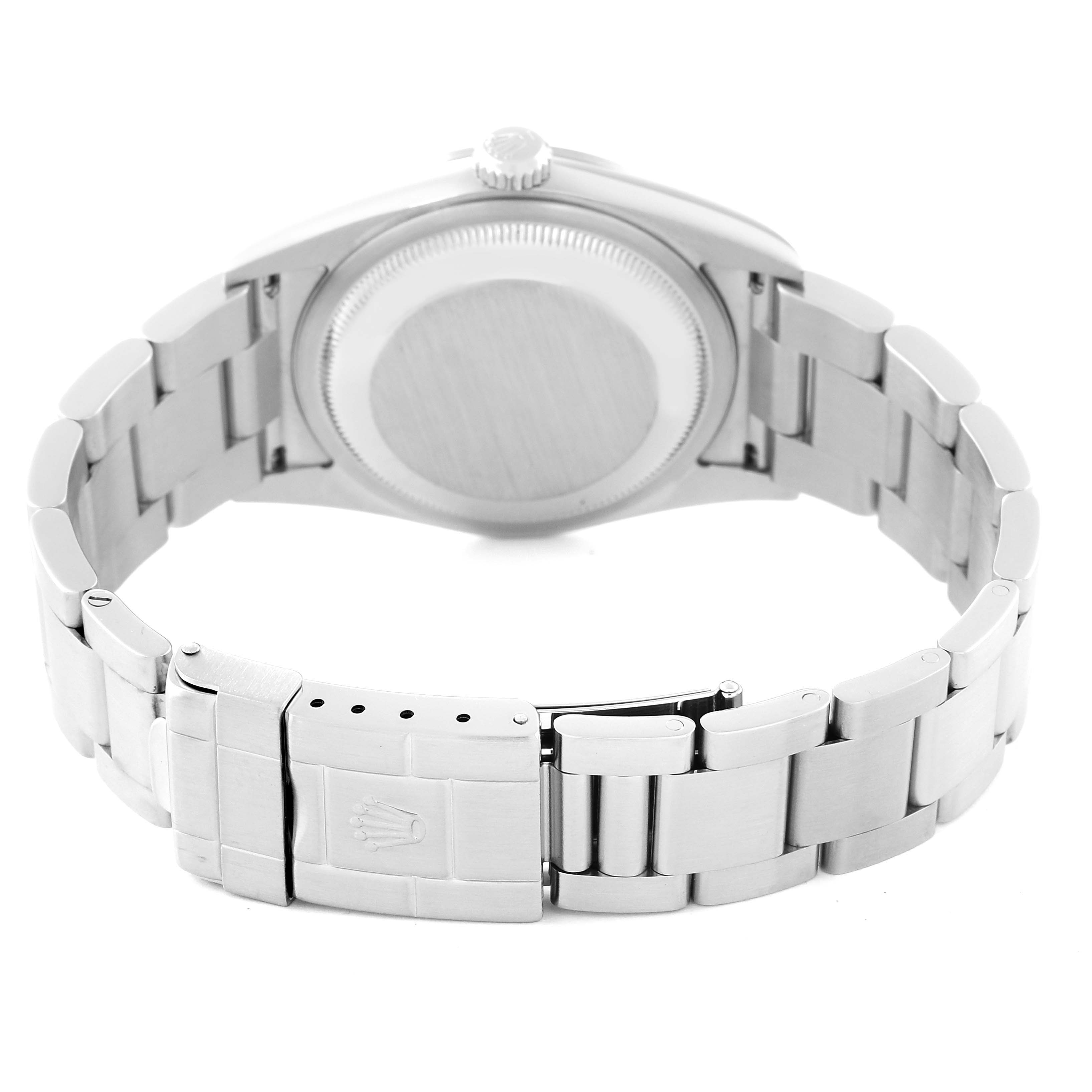 The image shows the back view of a Rolex Explorer 114270 Men
s Stainless Steel Black Dial 114270 Men
s Stainless Steel Black Dial watch, focusing on its case back, crown, and metal bracelet with clasp.