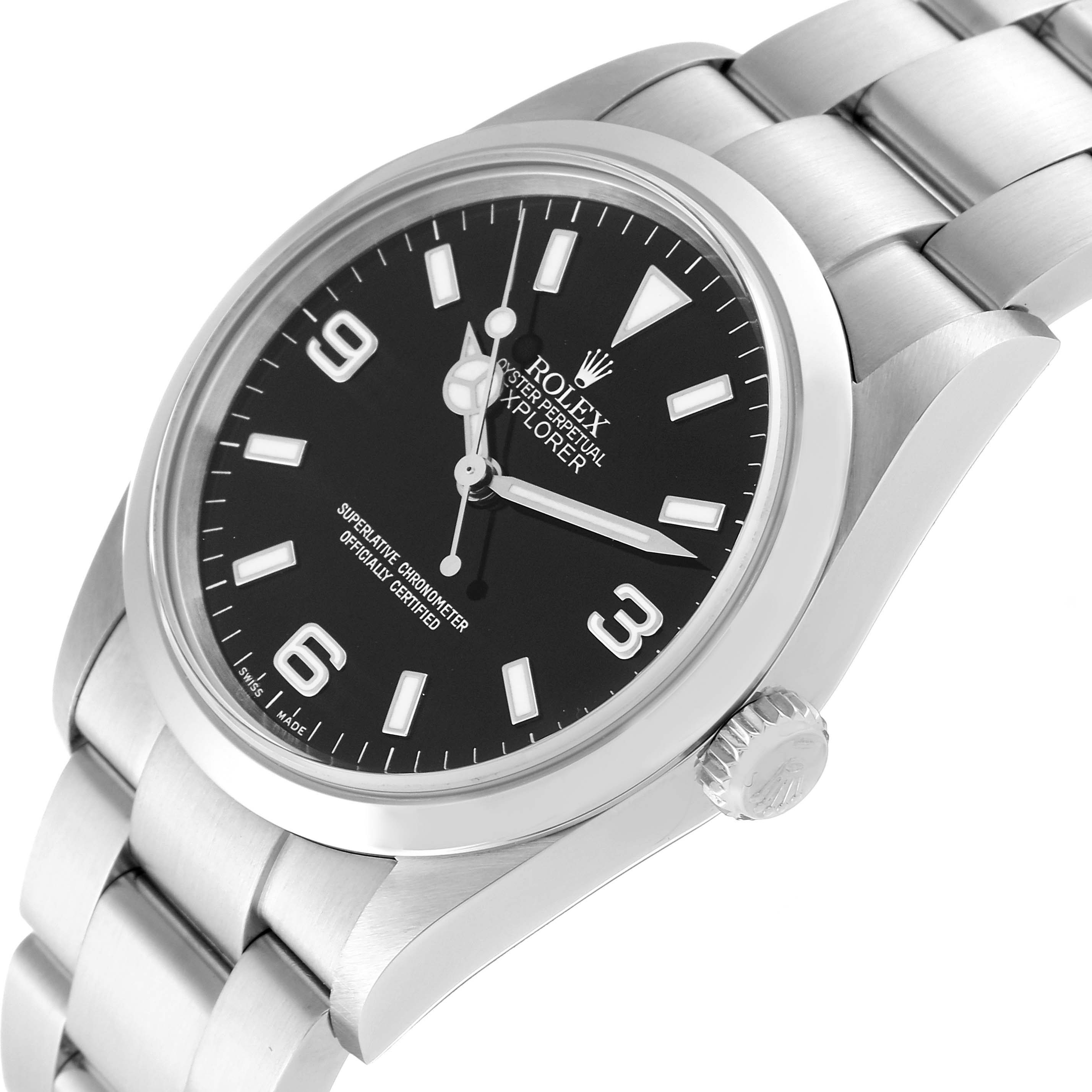 The image shows a side view and partial face of the Rolex Explorer 114270 Men
s Stainless Steel Black Dial 114270 Men
s Stainless Steel Black Dial watch, highlighting the dial, case, and bracelet.