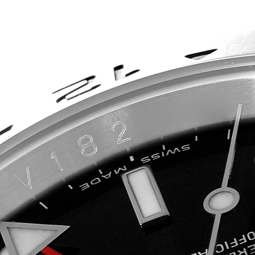 This image shows a close-up of the Rolex Explorer 16570 Men
s Stainless Steel Black Dial 16570 Men
s Stainless Steel Black Dial watch, focusing on the dial, hour markers, and part of the bezel.