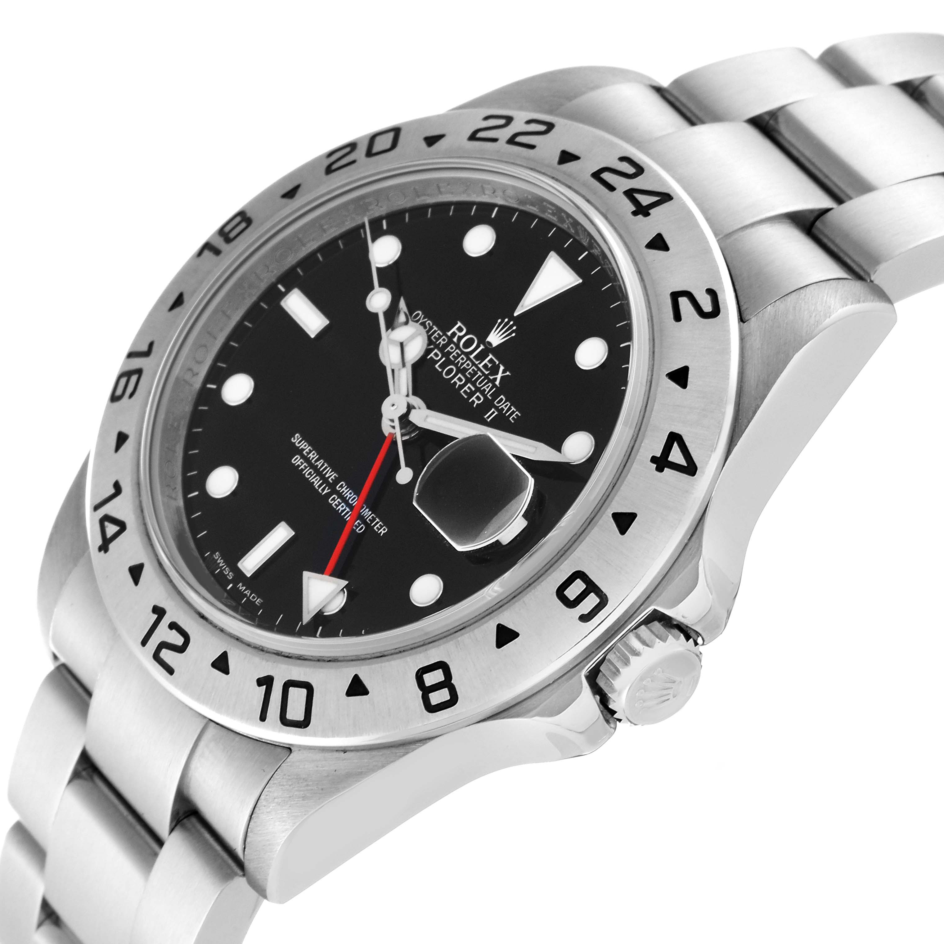 The image shows a Rolex Explorer 16570 Men
s Stainless Steel Black Dial 16570 Men
s Stainless Steel Black Dial watch at an angle highlighting the bezel, crown, and part of the bracelet.