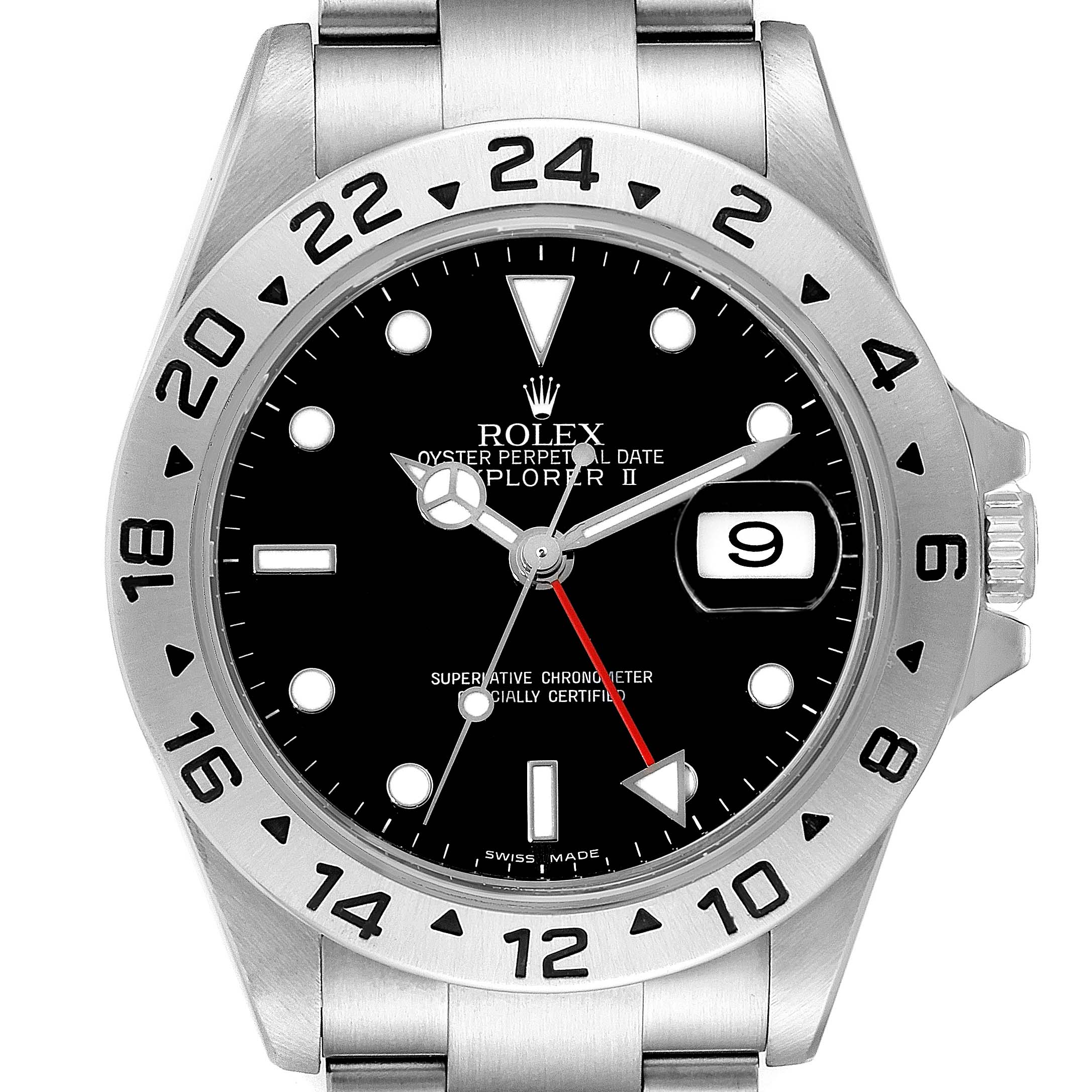 The image shows a front view of a Rolex Explorer 16570 Men
s Stainless Steel Black Dial 16570 Men
s Stainless Steel Black Dial watch, highlighting the dial, bezel, and bracelet.