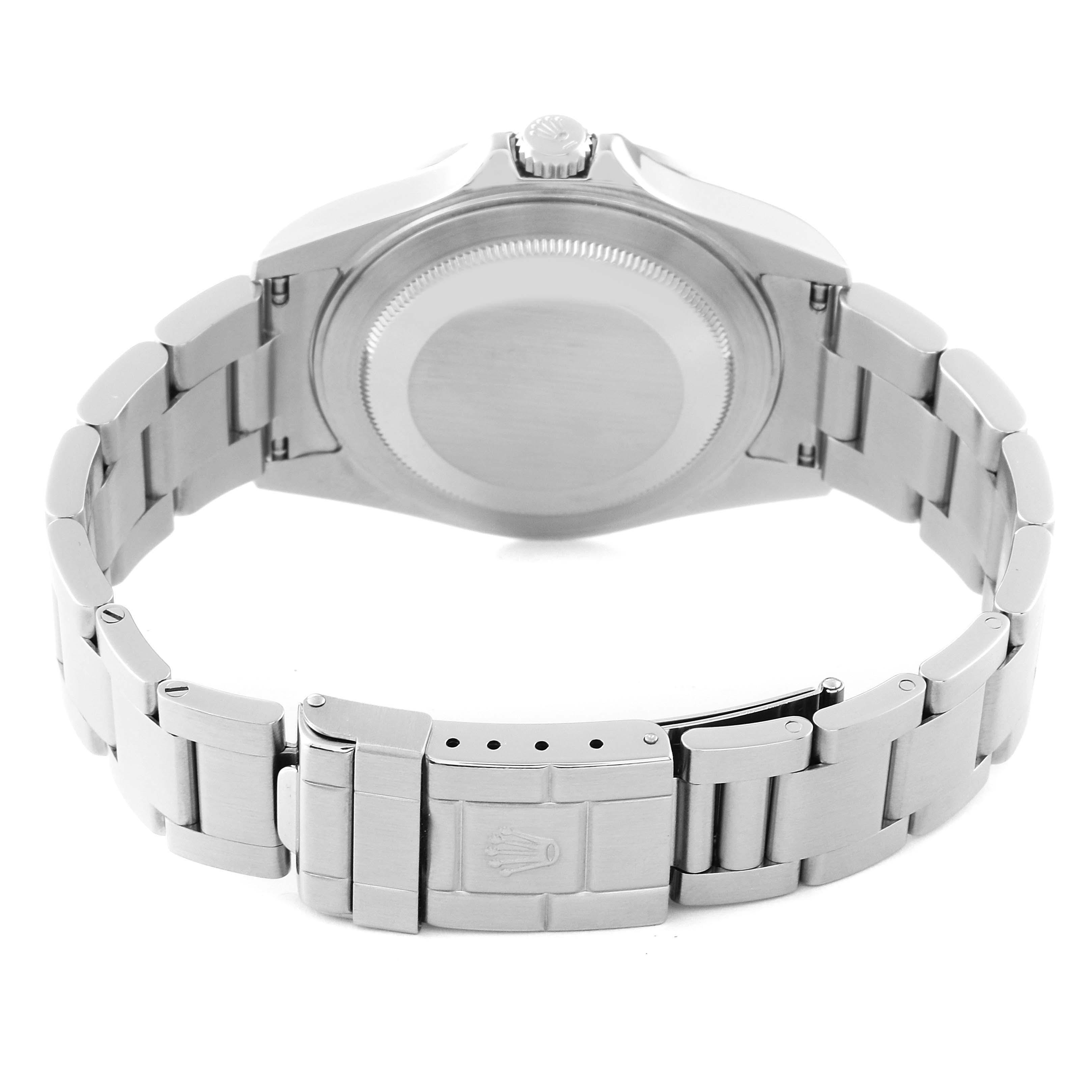 The image shows the back view of a Rolex Explorer 16570 Men
s Stainless Steel Black Dial 16570 Men
s Stainless Steel Black Dial watch, highlighting its bracelet, clasp, and case back.