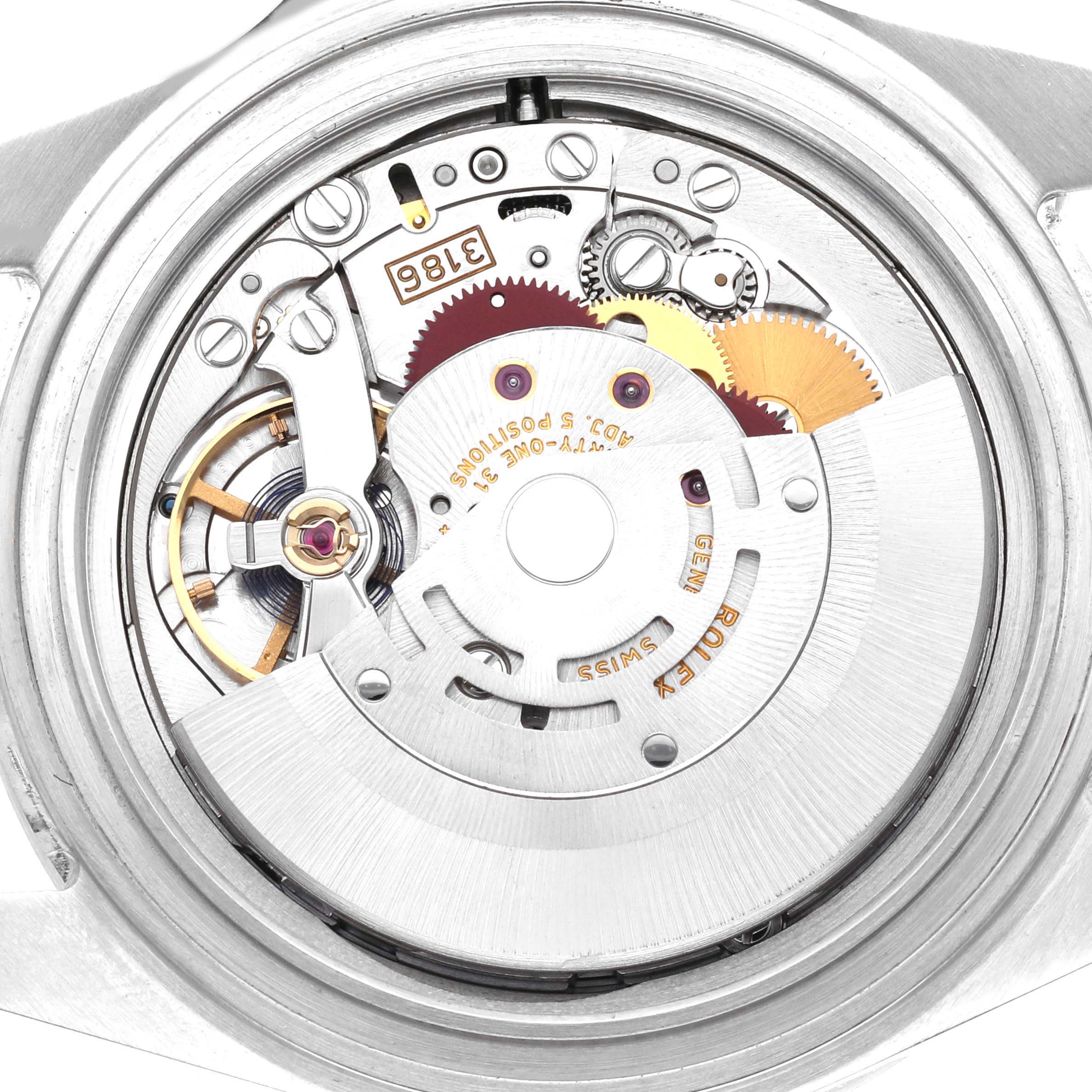 This image shows the internal movement mechanism of a Rolex Explorer 16570 Men
s Stainless Steel Black Dial 16570 Men
s Stainless Steel Black Dial watch from a top-down angle.