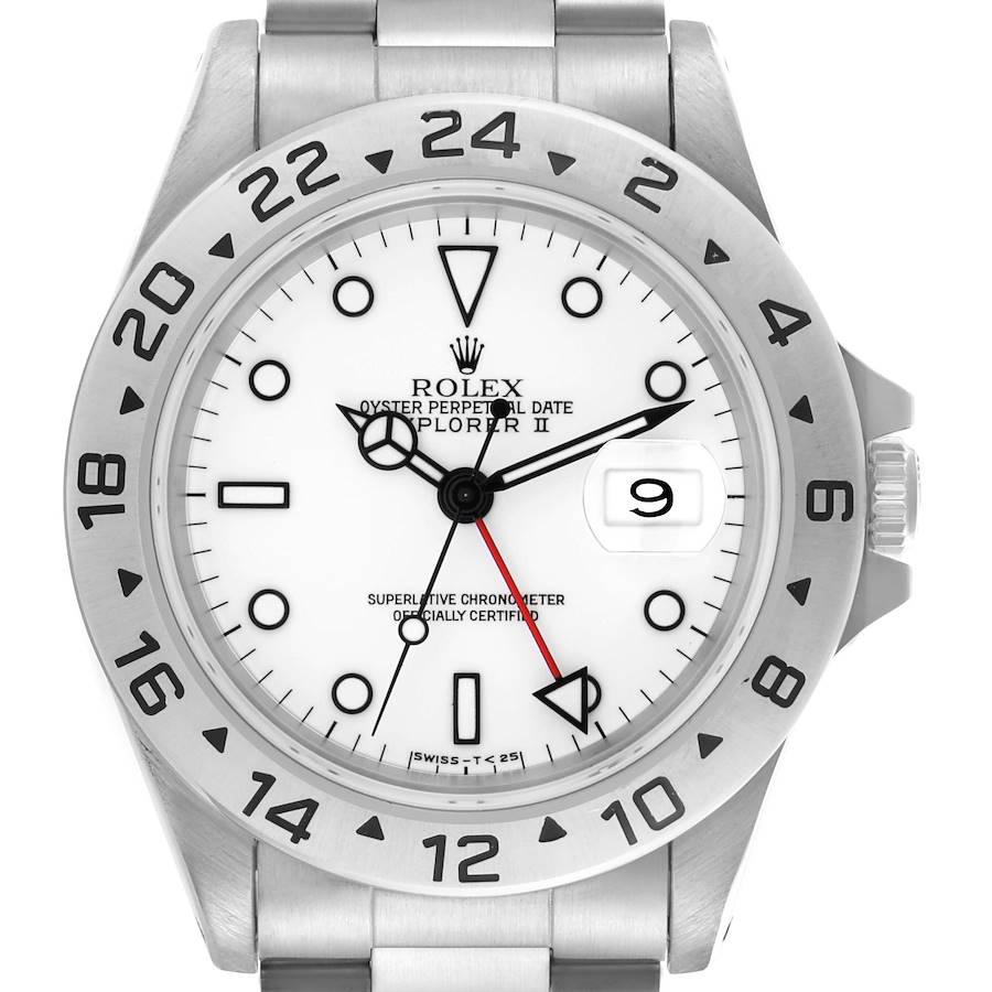The Rolex Explorer II watch is shown from a front angle, highlighting the dial, bezel, and parts of the bracelet.