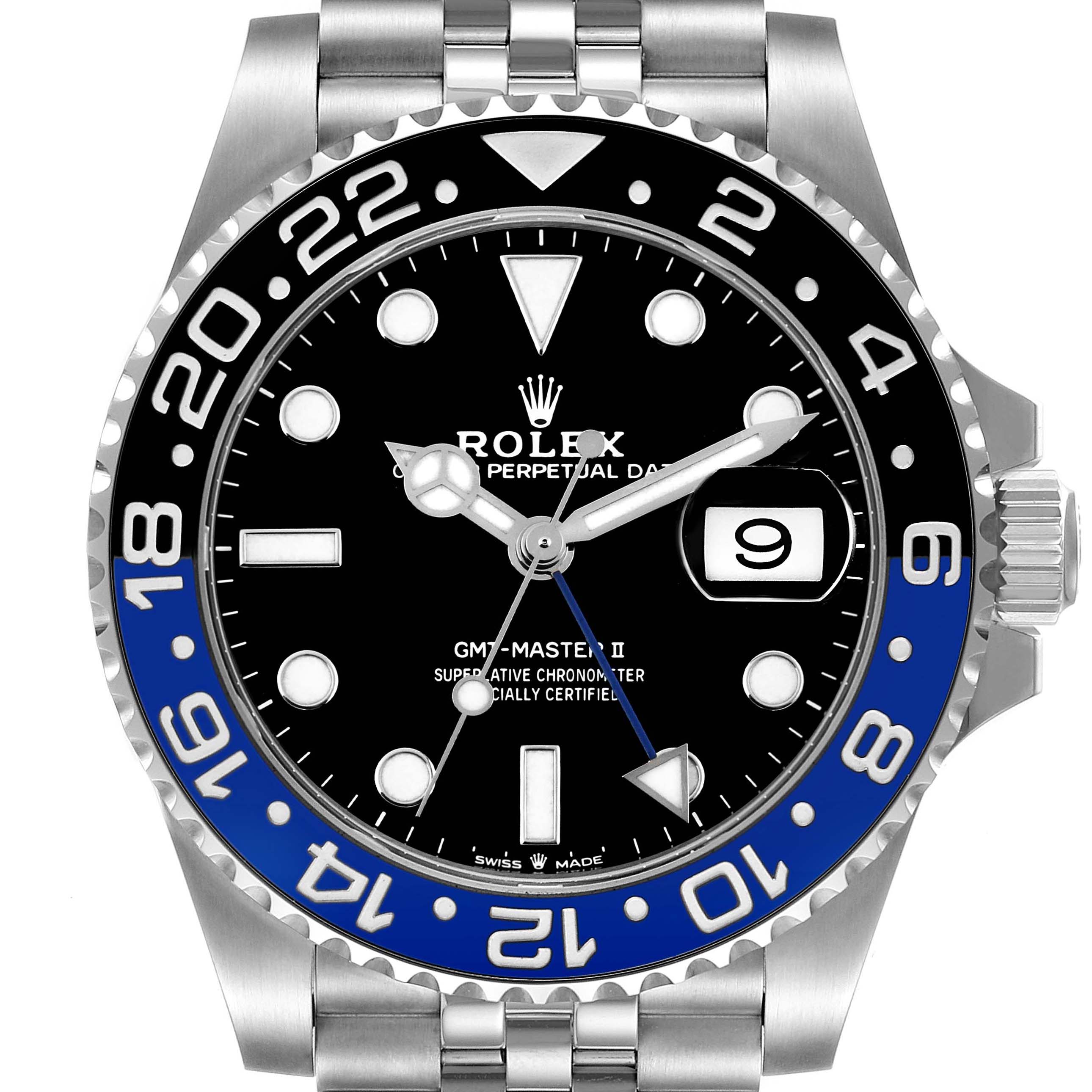 This image shows a front view of a Rolex GMT-Master 126710BLNR Men's Stainless Steel Black Dial 126710BLNR Men's Stainless Steel Black Dial II watch, highlighting the dial, bezel, hands, and bracelet.