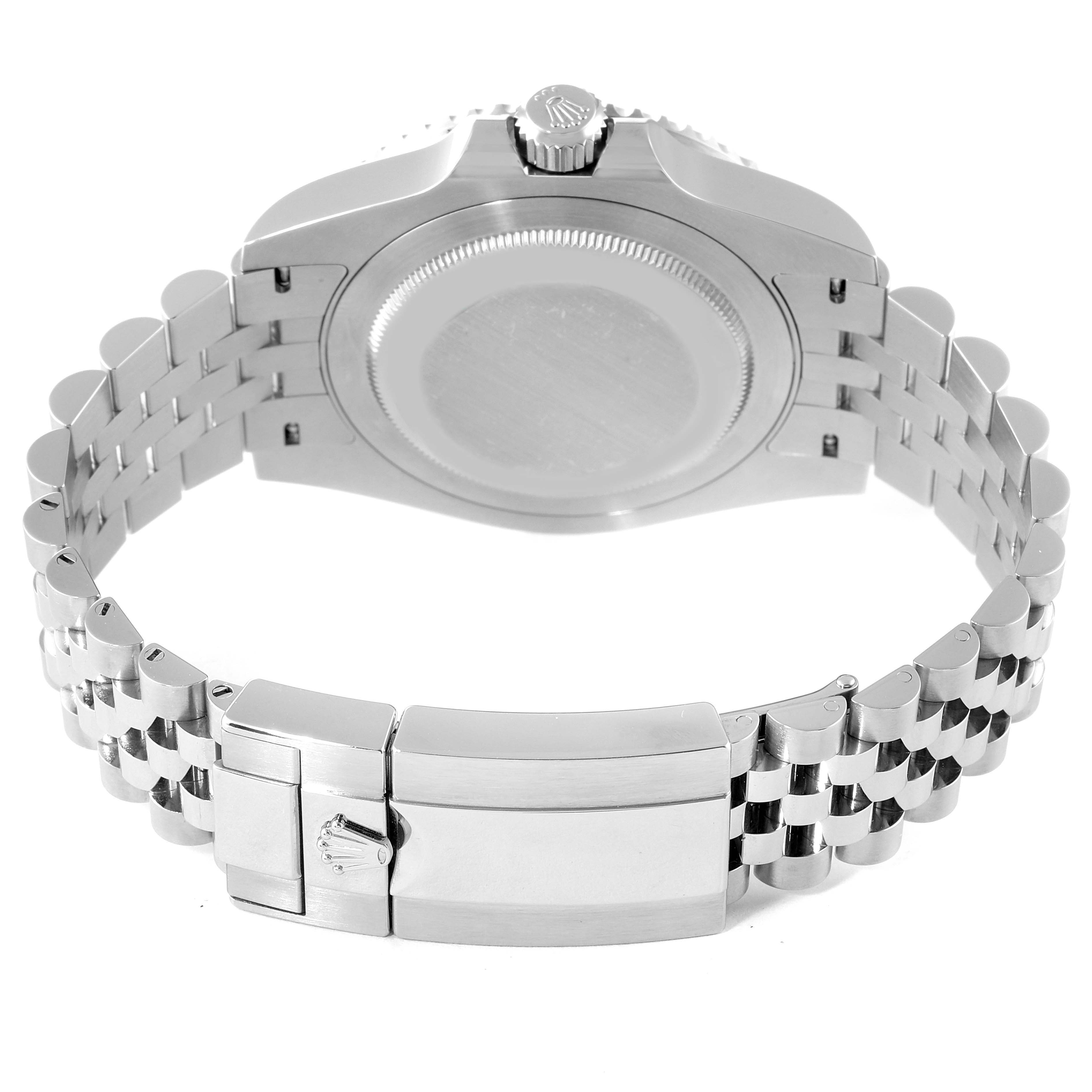 This image shows the back case and jubilee bracelet of a Rolex GMT-Master 126710BLNR Men's Stainless Steel Black Dial 126710BLNR Men's Stainless Steel Black Dial watch, viewed from the rear.