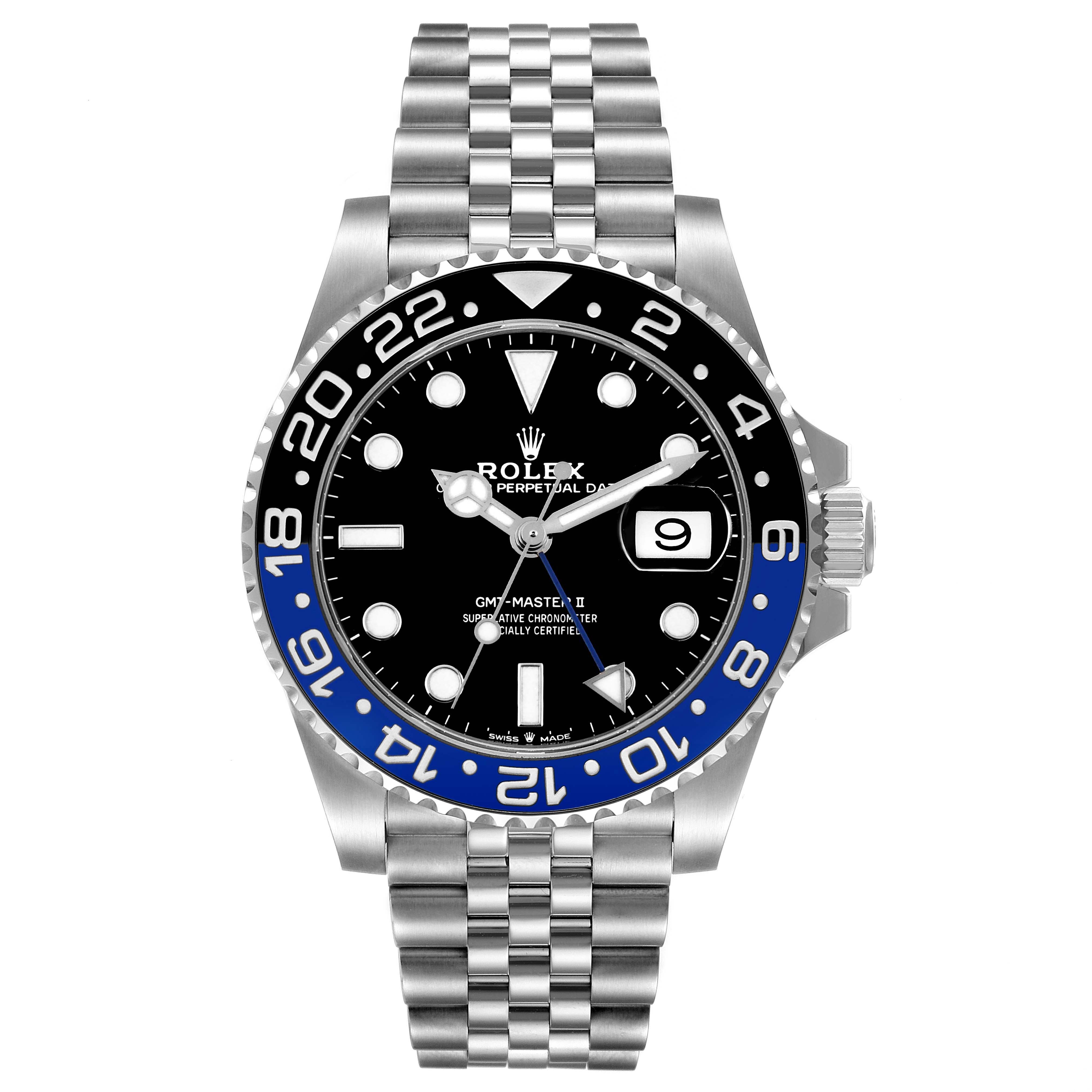 The image shows a Rolex GMT-Master 126710BLNR Men's Stainless Steel Black Dial 126710BLNR Men's Stainless Steel Black Dial model watch from a front angle, highlighting its bezel, dial, date window, and bracelet.