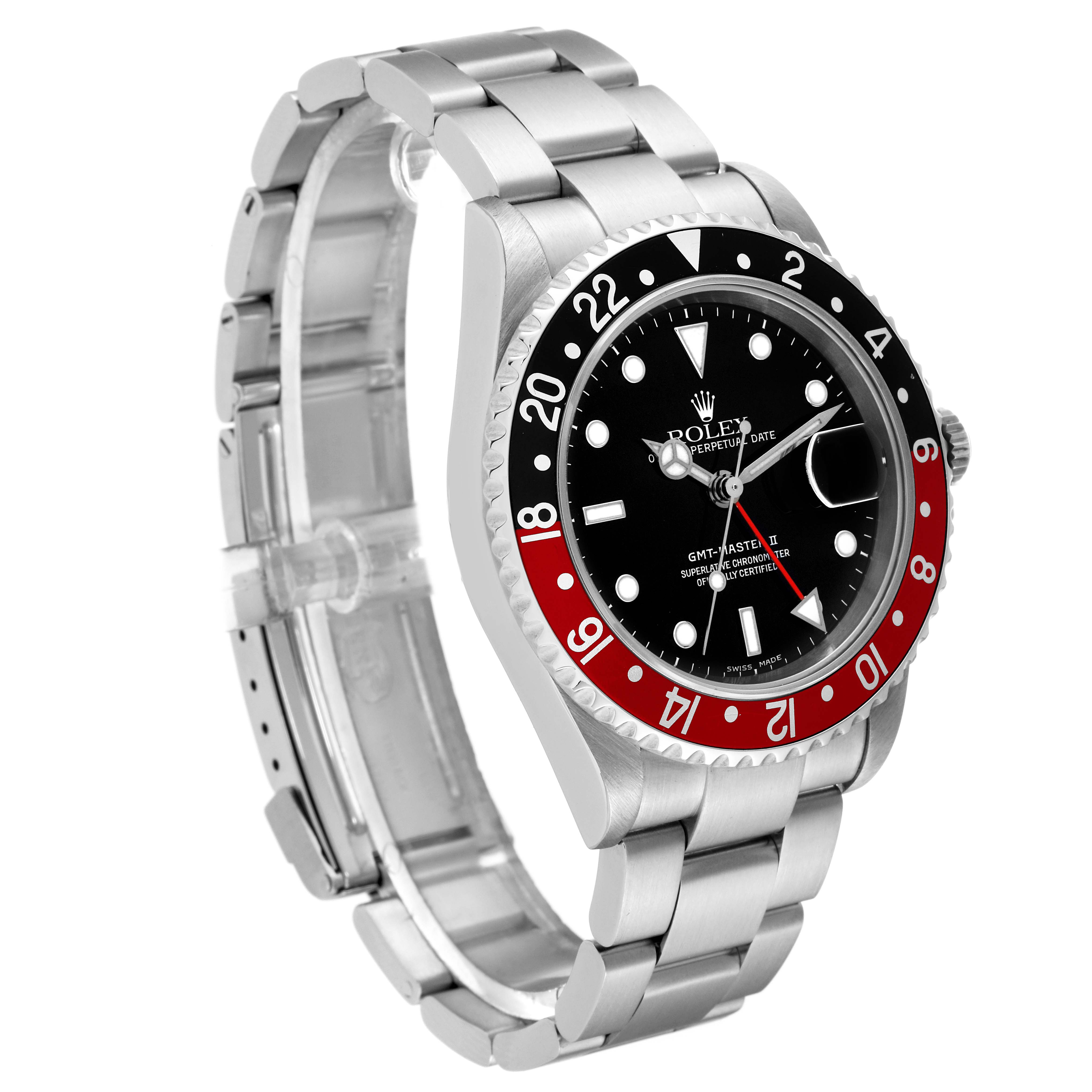 The Rolex GMT-Master 16710 Men
s Stainless Steel Black Dial 16710 Men
s Stainless Steel Black Dial watch is shown at a three-quarter angle, displaying its face, bezel, and part of the bracelet.