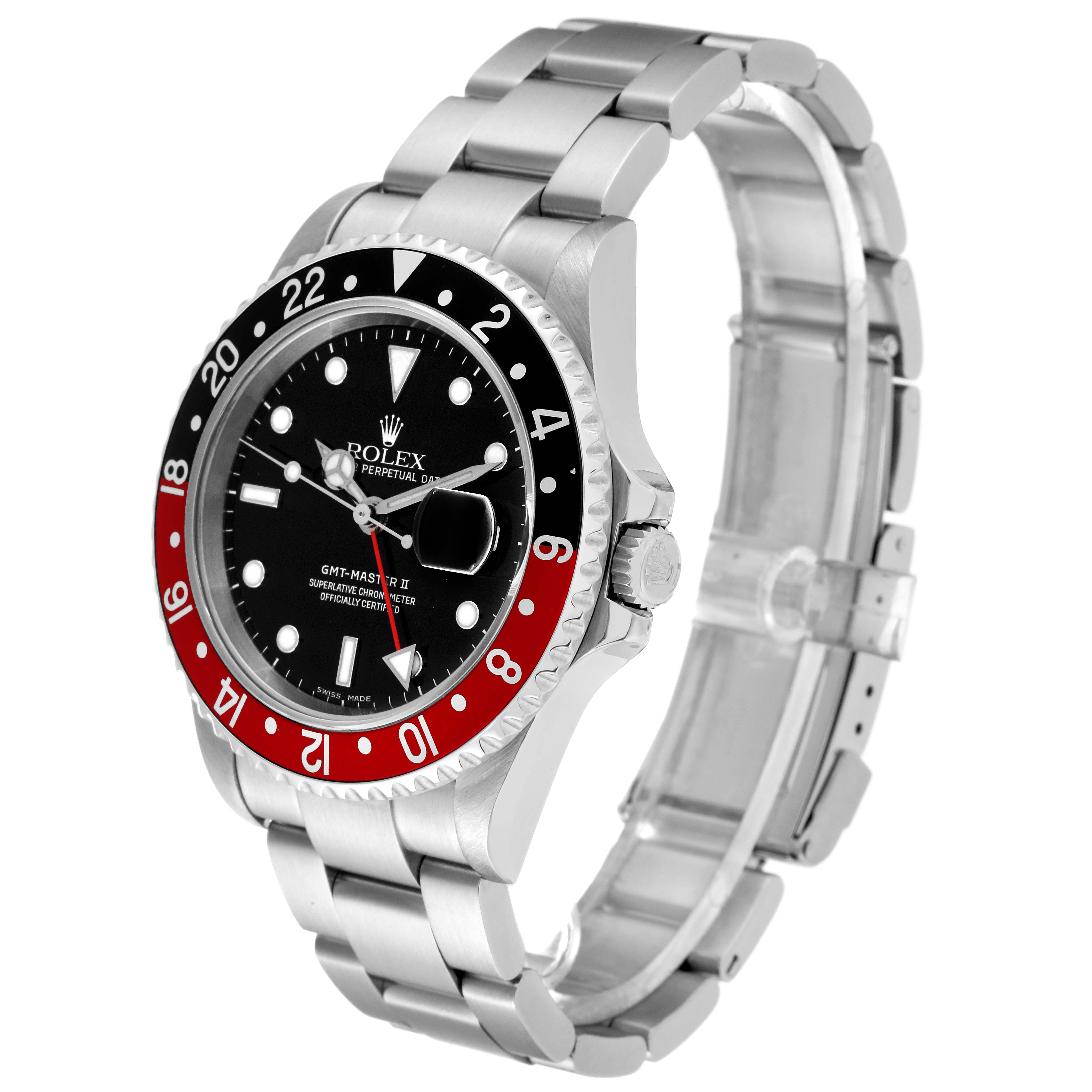 The image shows a three-quarter view of a Rolex GMT-Master 16710 Men
s Stainless Steel Black Dial 16710 Men
s Stainless Steel Black Dial watch, highlighting its face, bezel, crown, and bracelet.
