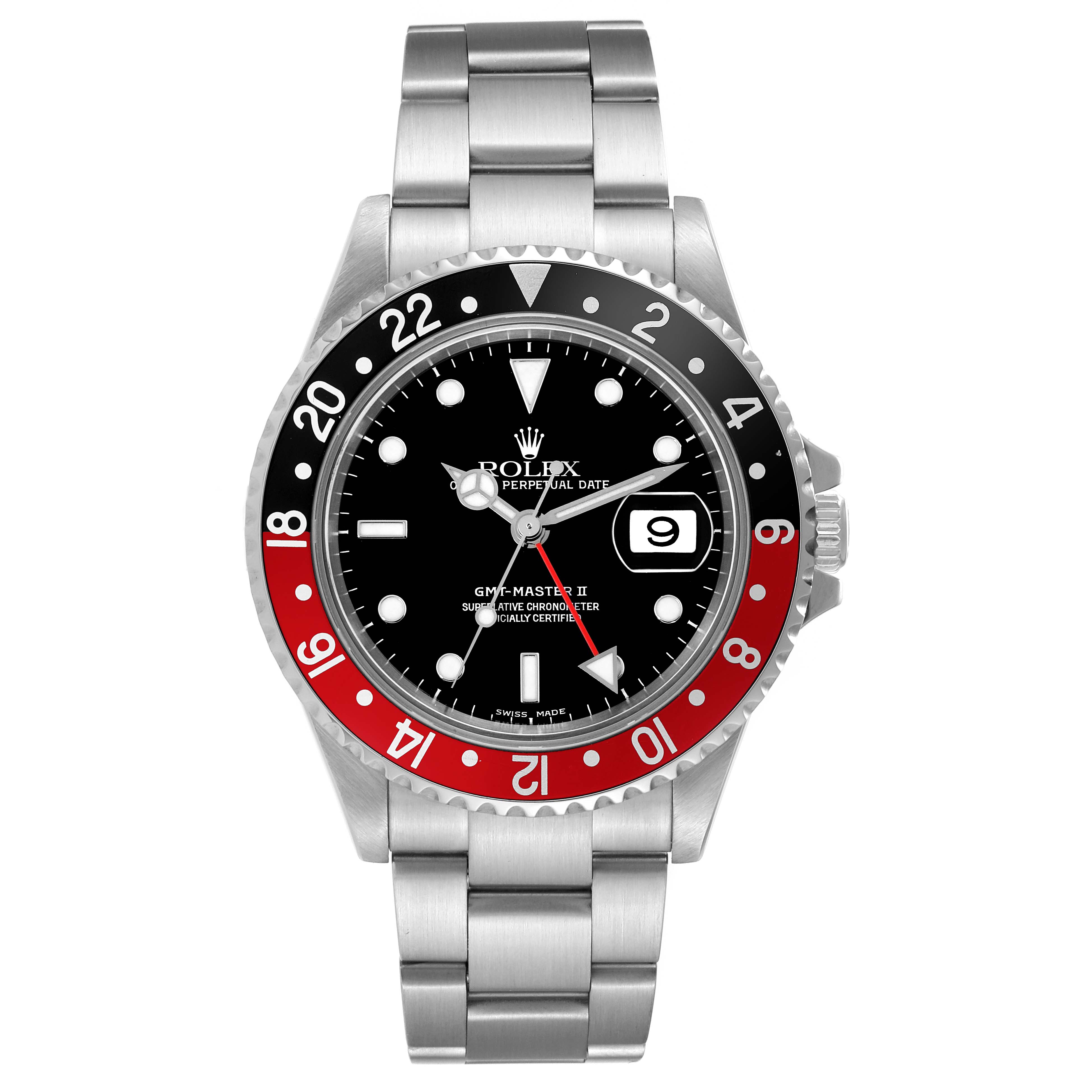 The image shows a front view of the Rolex GMT-Master 16710 Men
s Stainless Steel Black Dial 16710 Men
s Stainless Steel Black Dial II watch, displaying the dial, bezel, bracelet, and date window.