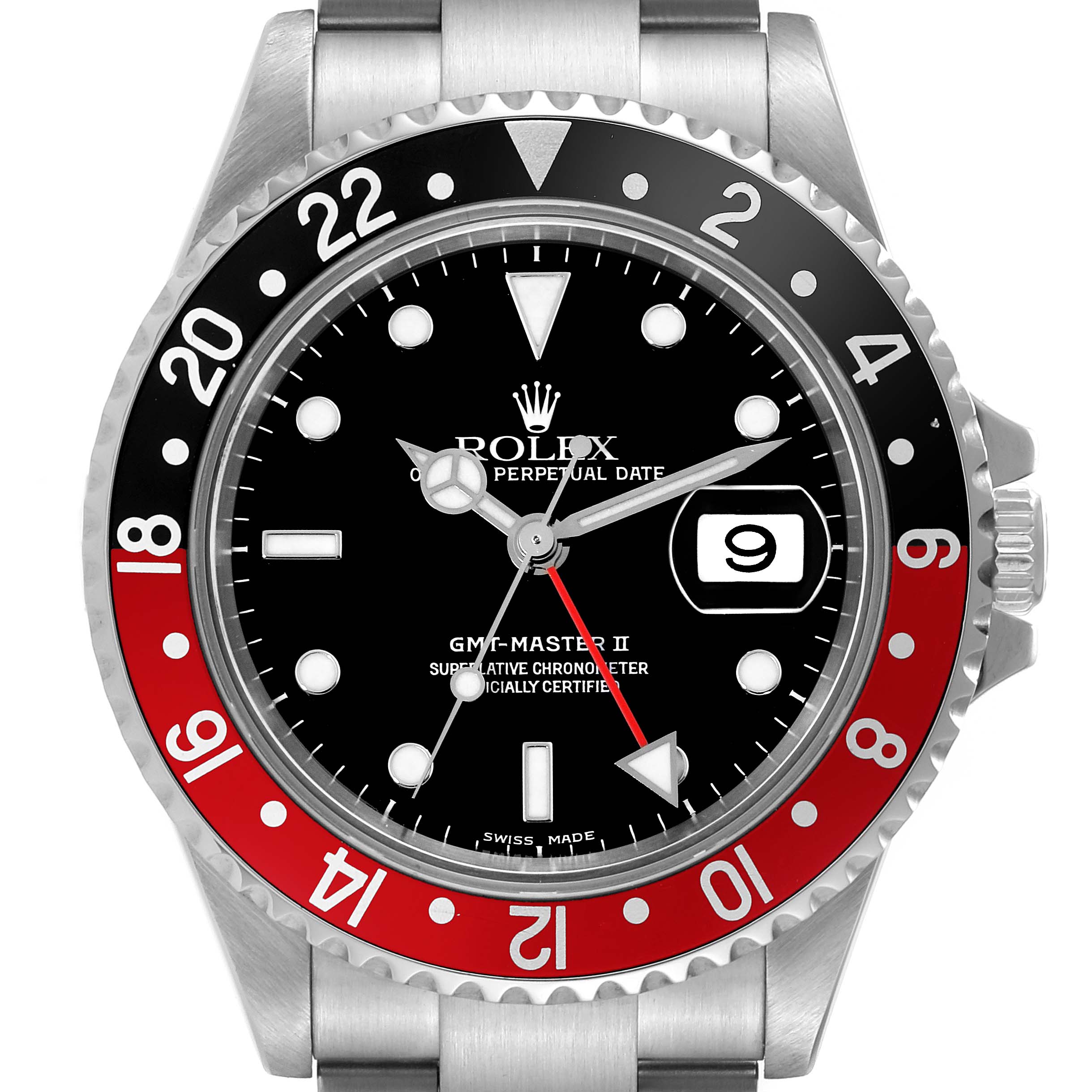 This image shows a Rolex GMT-Master 16710 Men
s Stainless Steel Black Dial 16710 Men
s Stainless Steel Black Dial II watch from a front angle, displaying its bezel, dial, hands, and bracelet.