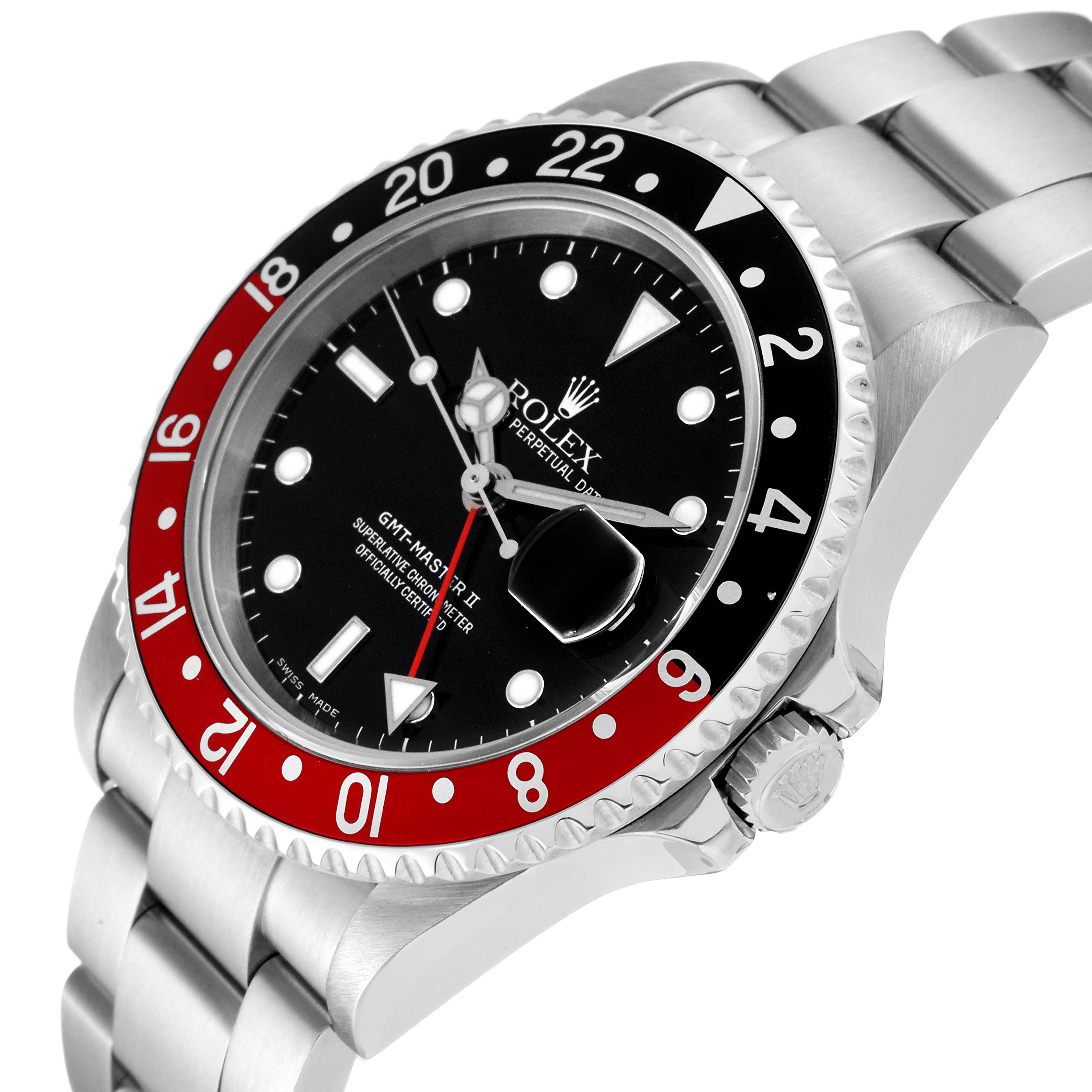 The image shows a close-up angled view of a Rolex GMT-Master 16710 Men
s Stainless Steel Black Dial 16710 Men
s Stainless Steel Black Dial watch, highlighting its bezel, dial, and bracelet.