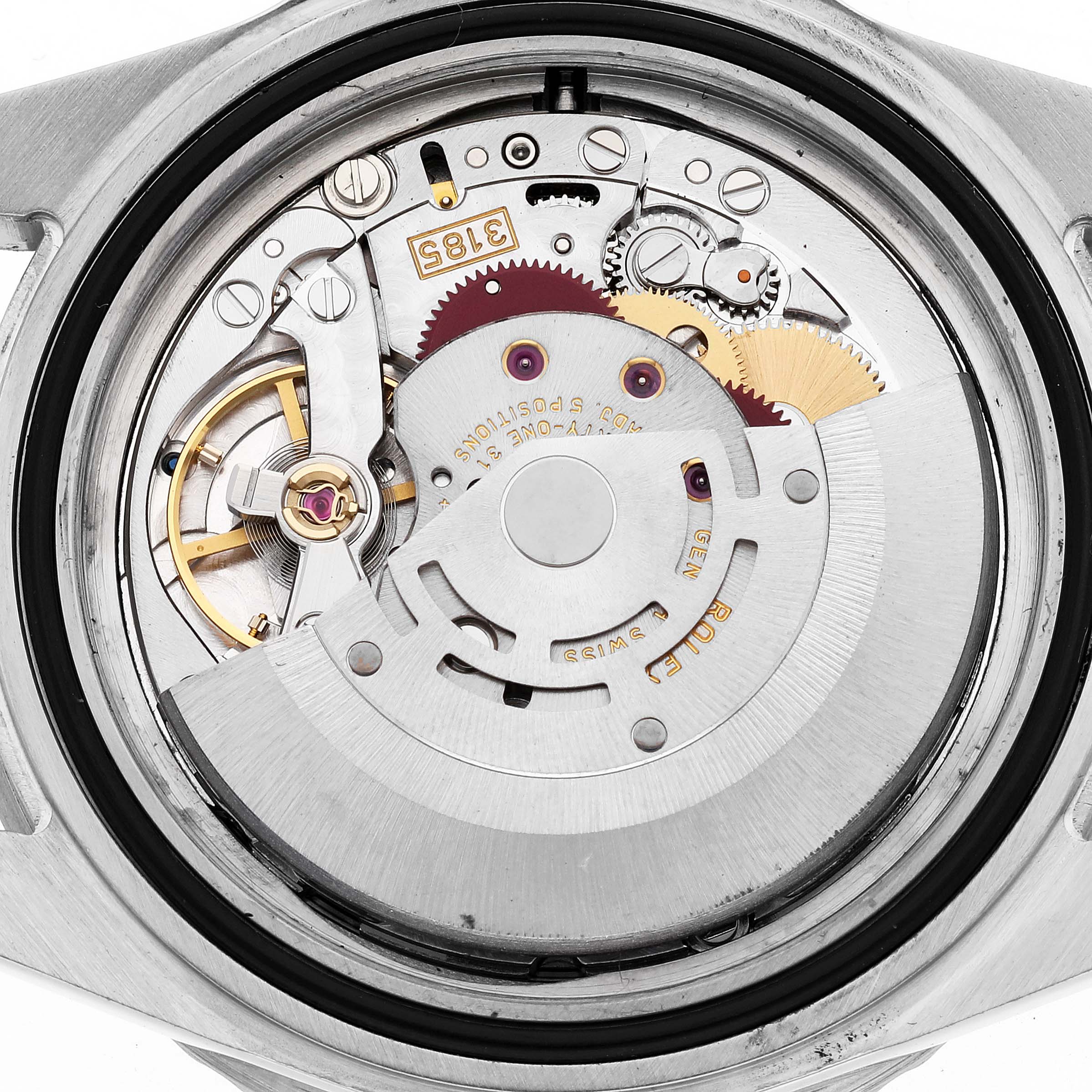 The image shows the movement and internal components of a Rolex GMT-Master 16710 Men
s Stainless Steel Black Dial 16710 Men
s Stainless Steel Black Dial watch from a top-down angle.