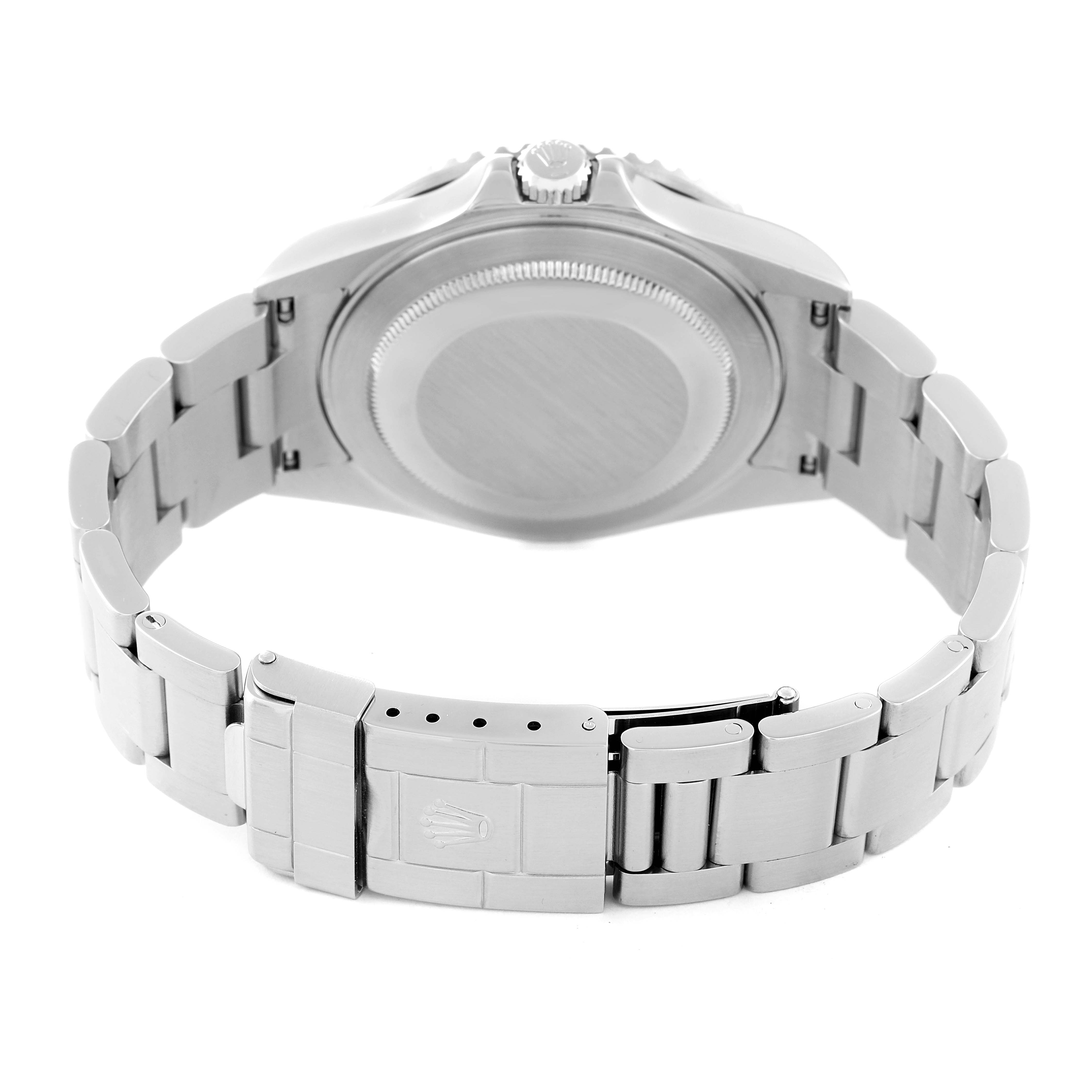 This image shows the back case and bracelet of a Rolex GMT-Master 16710 Men
s Stainless Steel Black Dial 16710 Men
s Stainless Steel Black Dial watch from a rear angle.