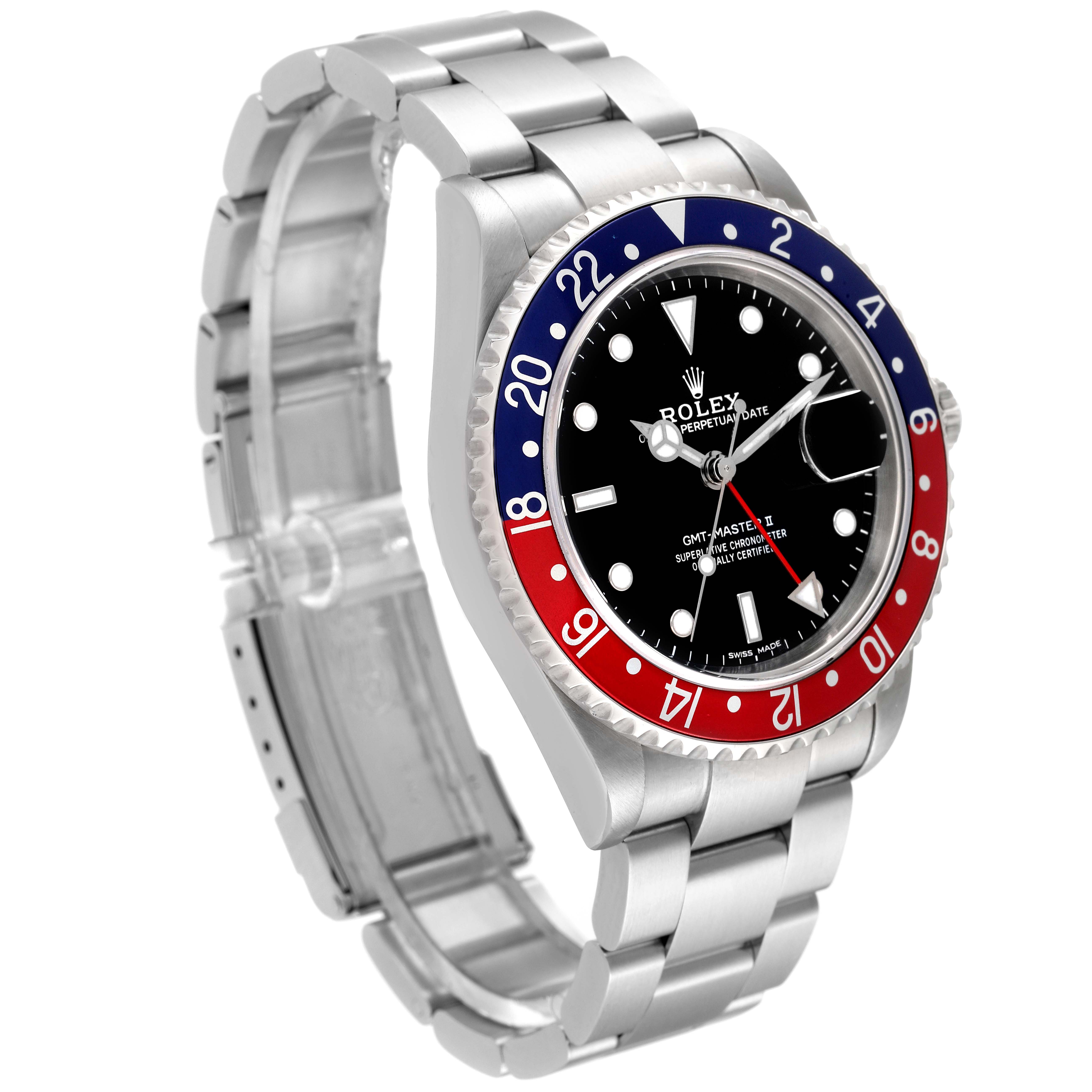 The Rolex GMT-Master 16710 Men
s Stainless Steel Black Dial 16710 Men
s Stainless Steel Black Dial watch is shown at an angled view, displaying the face, bezel, and bracelet clearly.