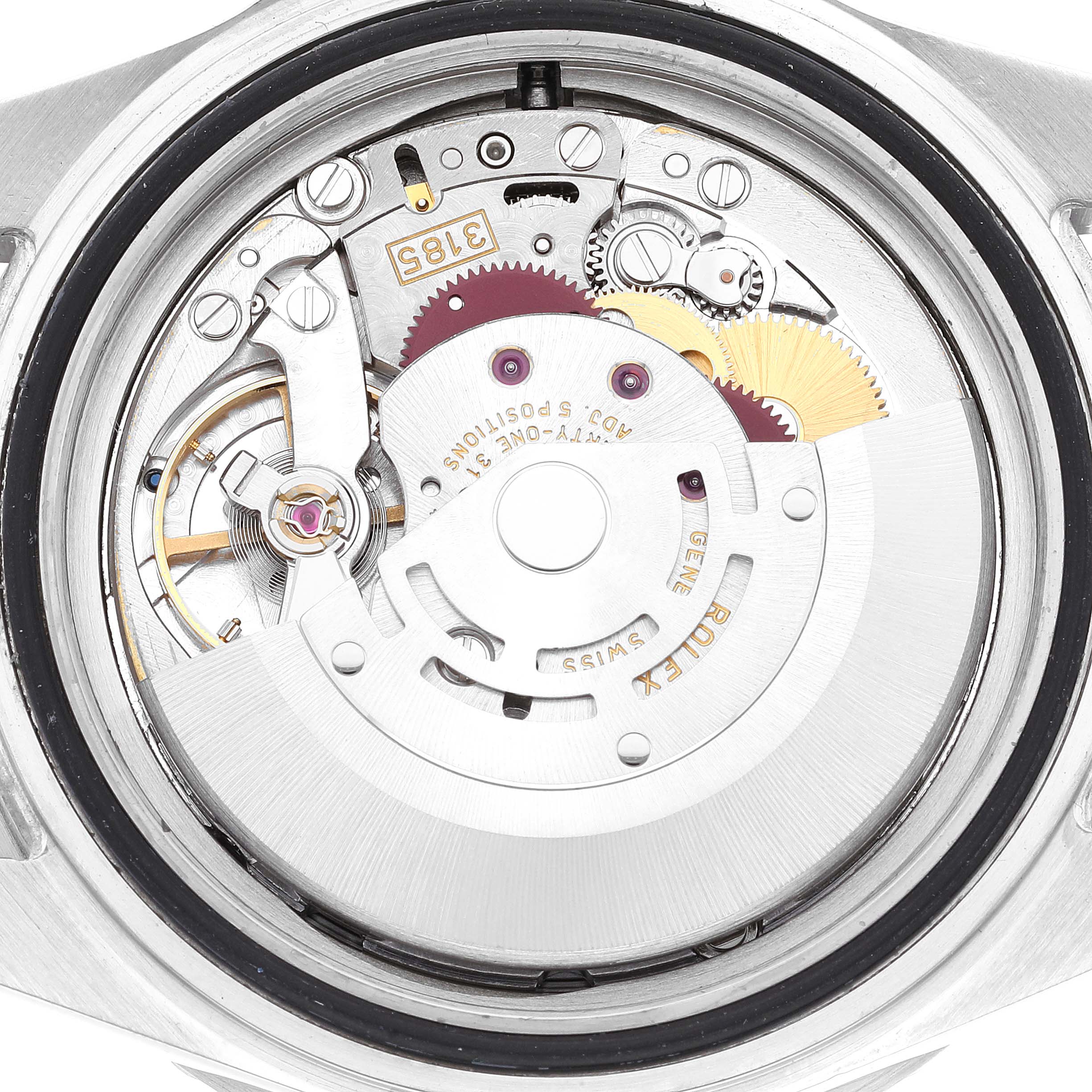 This image shows the intricate internal mechanism of the Rolex GMT-Master 16710 Men
s Stainless Steel Black Dial 16710 Men
s Stainless Steel Black Dial watch, specifically its movement.