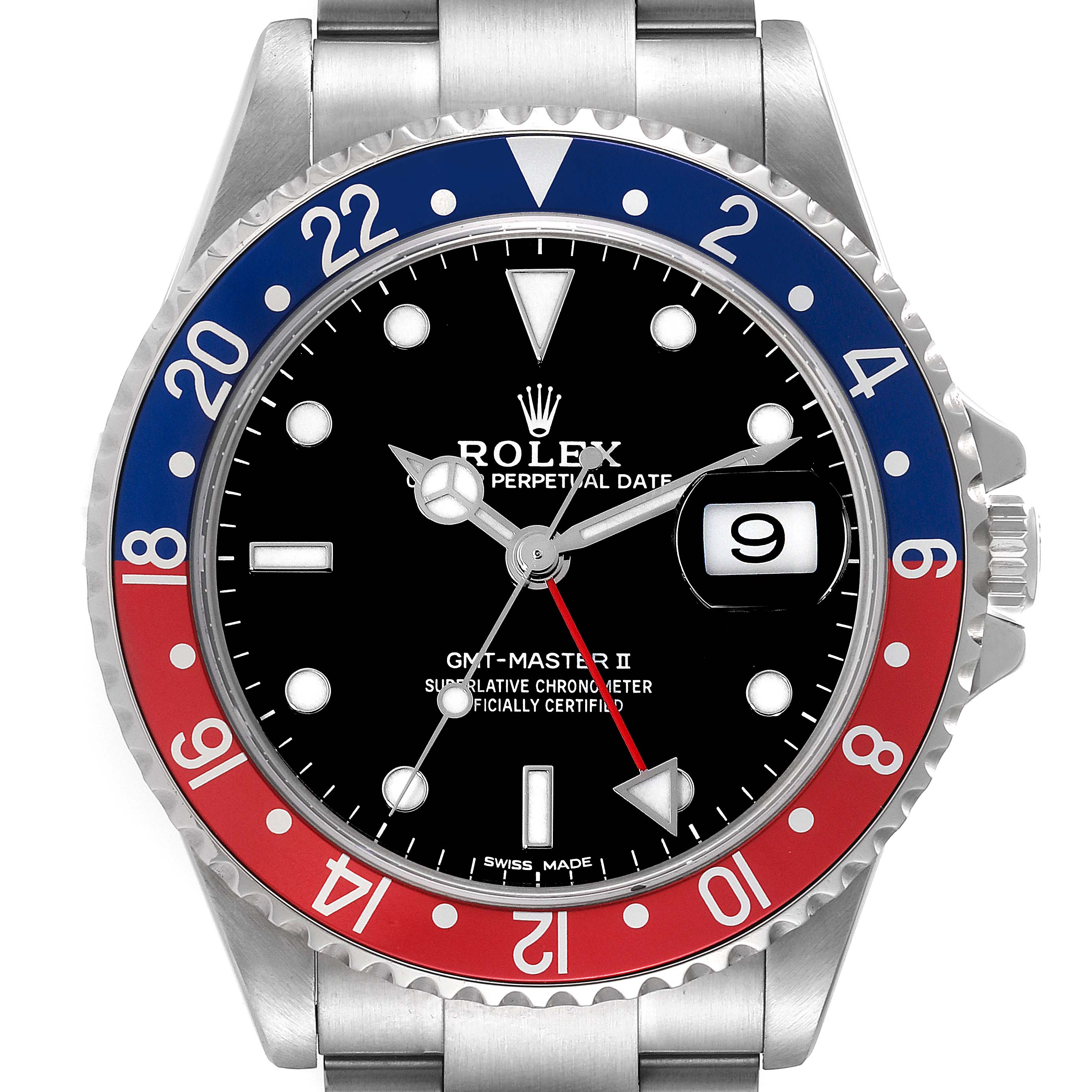 The image shows a front view of a Rolex GMT-Master 16710 Men
s Stainless Steel Black Dial 16710 Men
s Stainless Steel Black Dial II watch, highlighting the dial, bezel, and part of the bracelet.